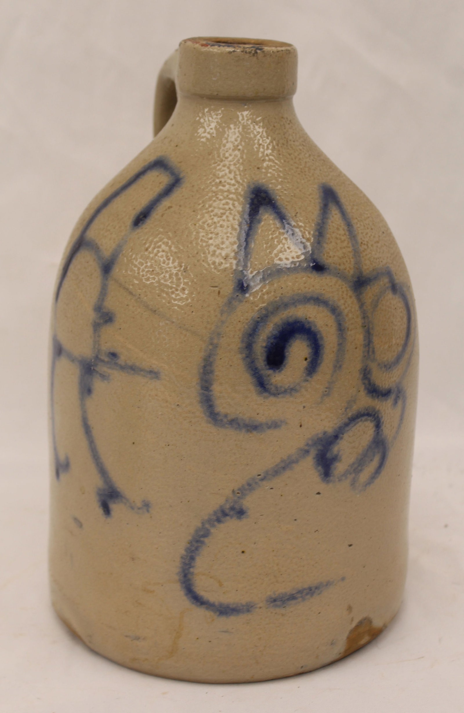 Antique stoneware jug w whimsical cobalt cat decoration - 10 1/4" tall (1 of 8)
