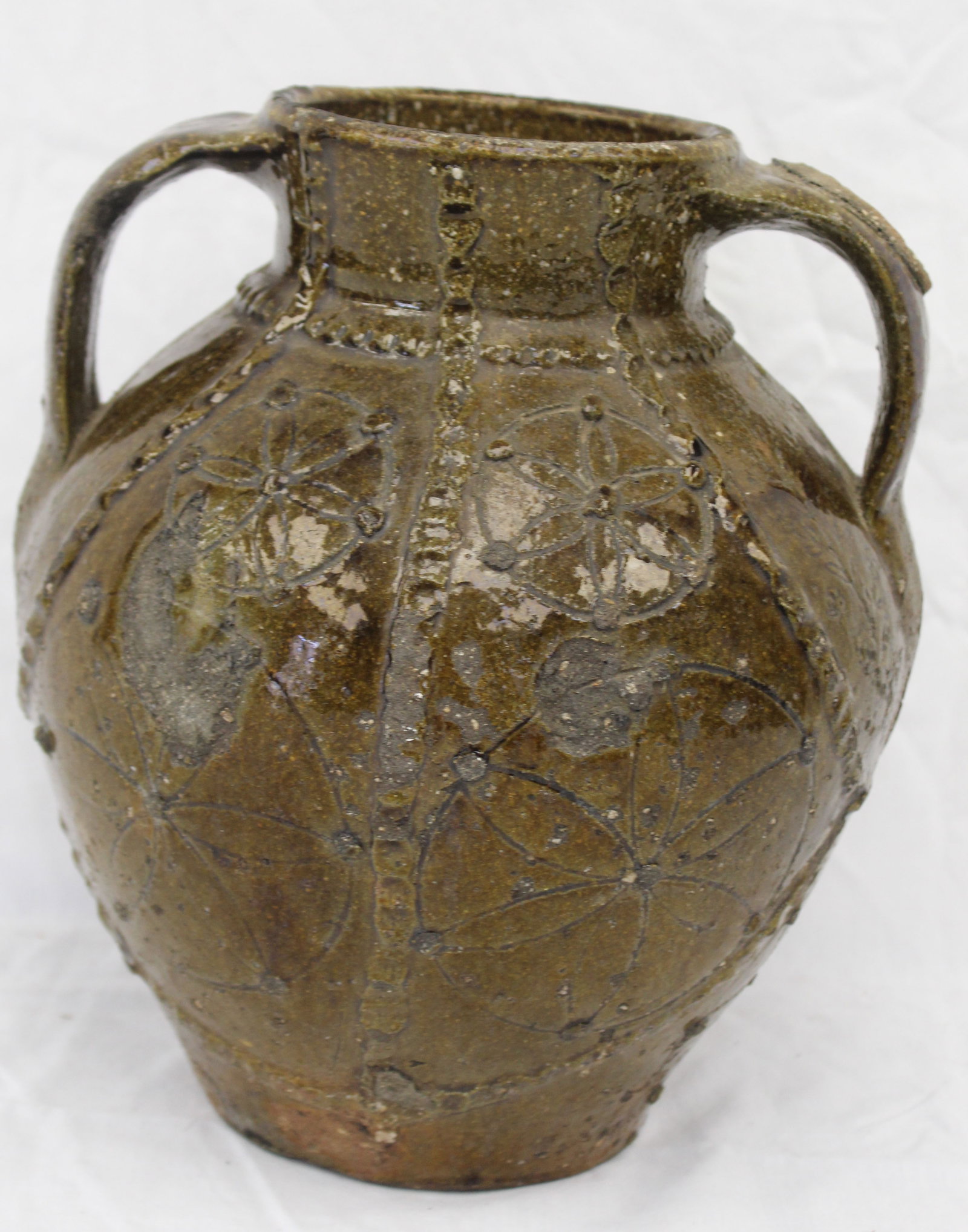 Antique stoneware large 2 handled jar w incised & applied decoration - 12" tall (1 of 12)