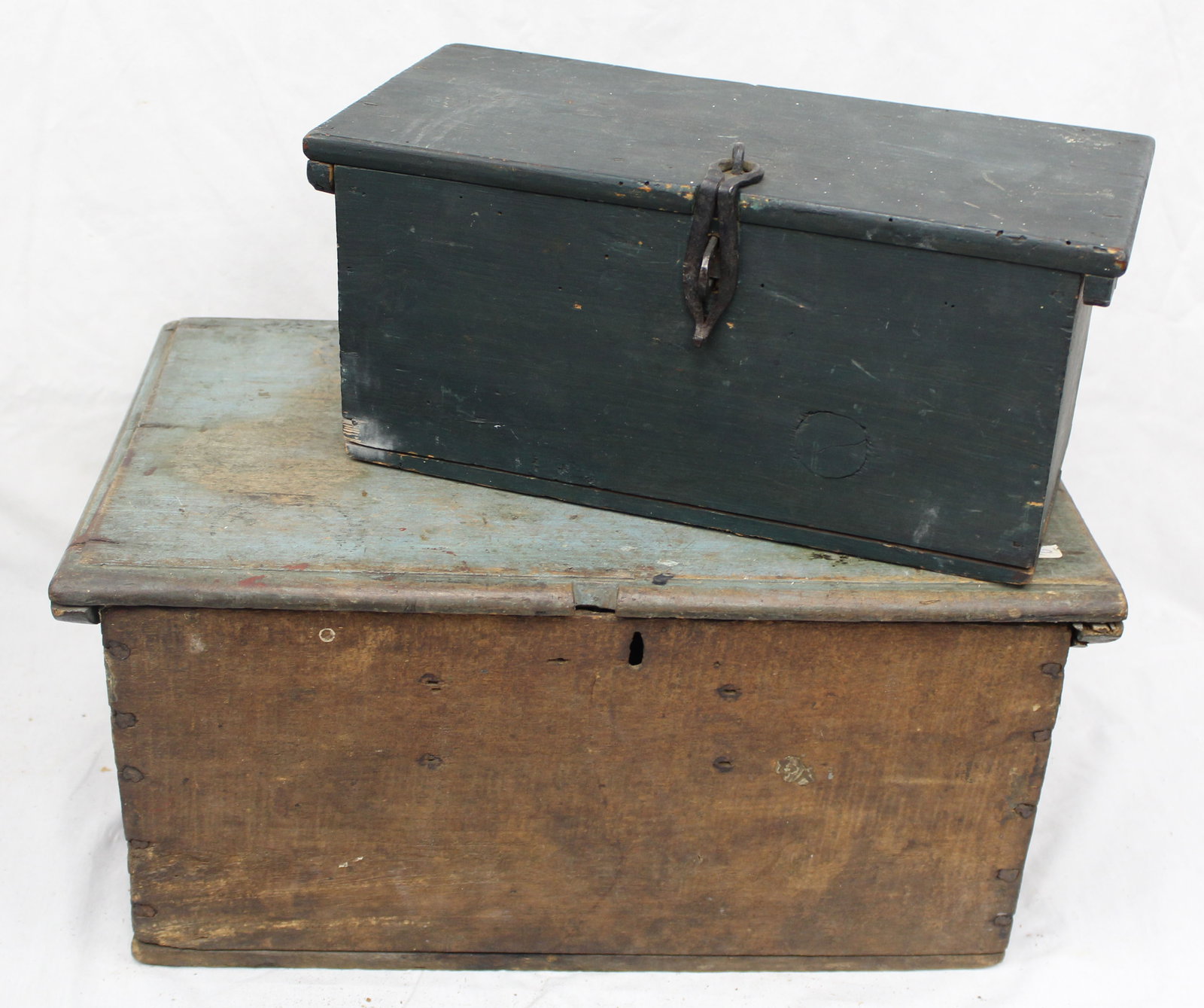 Lot of 2 antique wooden painted valuables/storage boxes - 1 in blue/green, the other w blue painted (1 of 12)