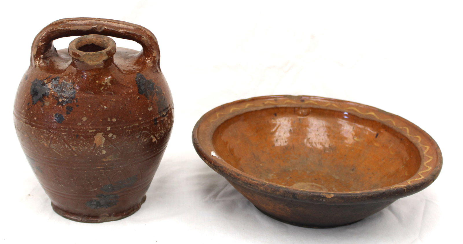 Lot of 2 antique redware items incl bowl & handled jug - 3" tall x 11" diam bowl & 8" tall jug (1 of 8)