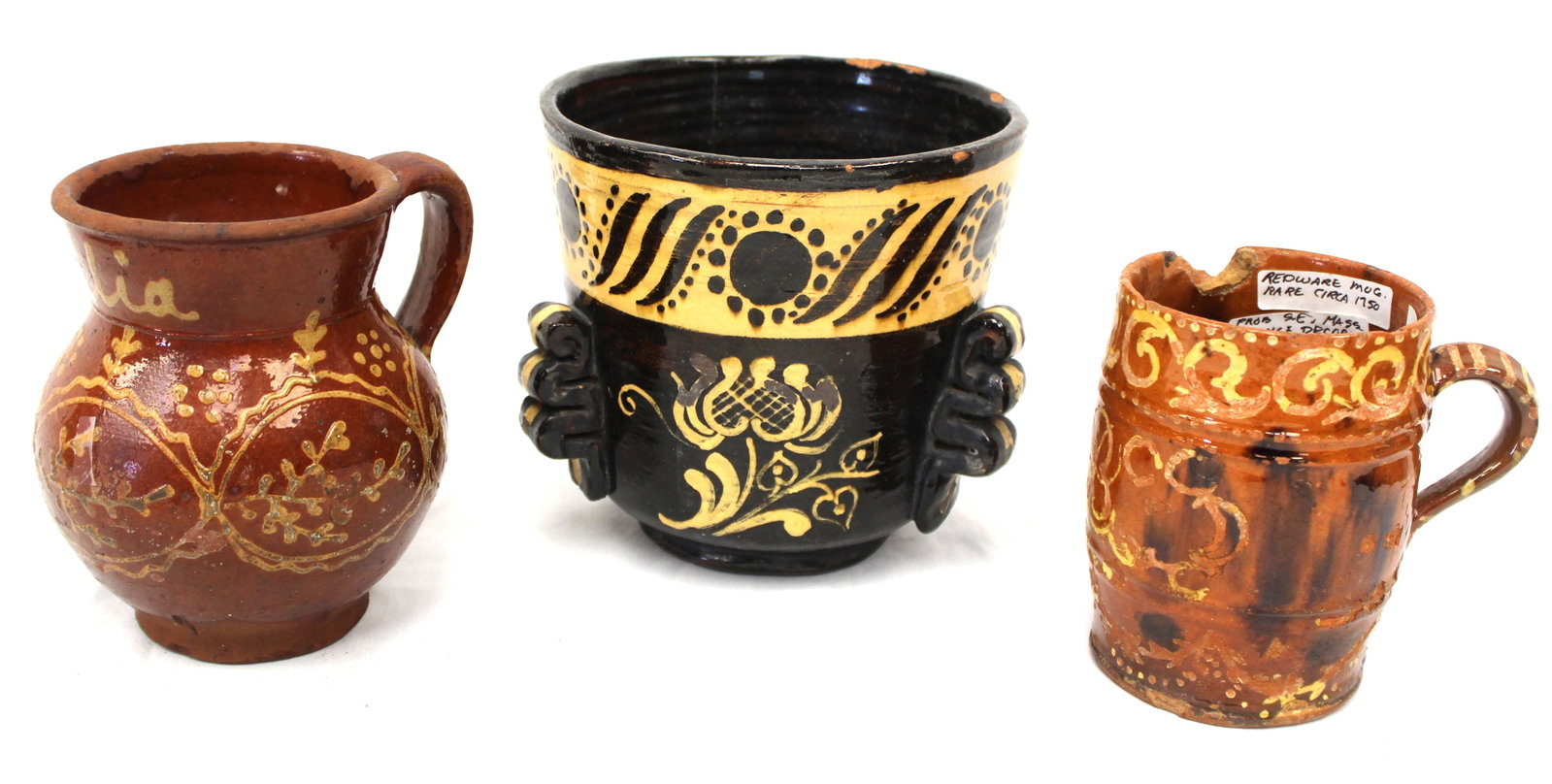 Lot of 3 antique slip decorated redware vessels incl mug, pitcher & cup - 5"-6" tall (1 of 15)