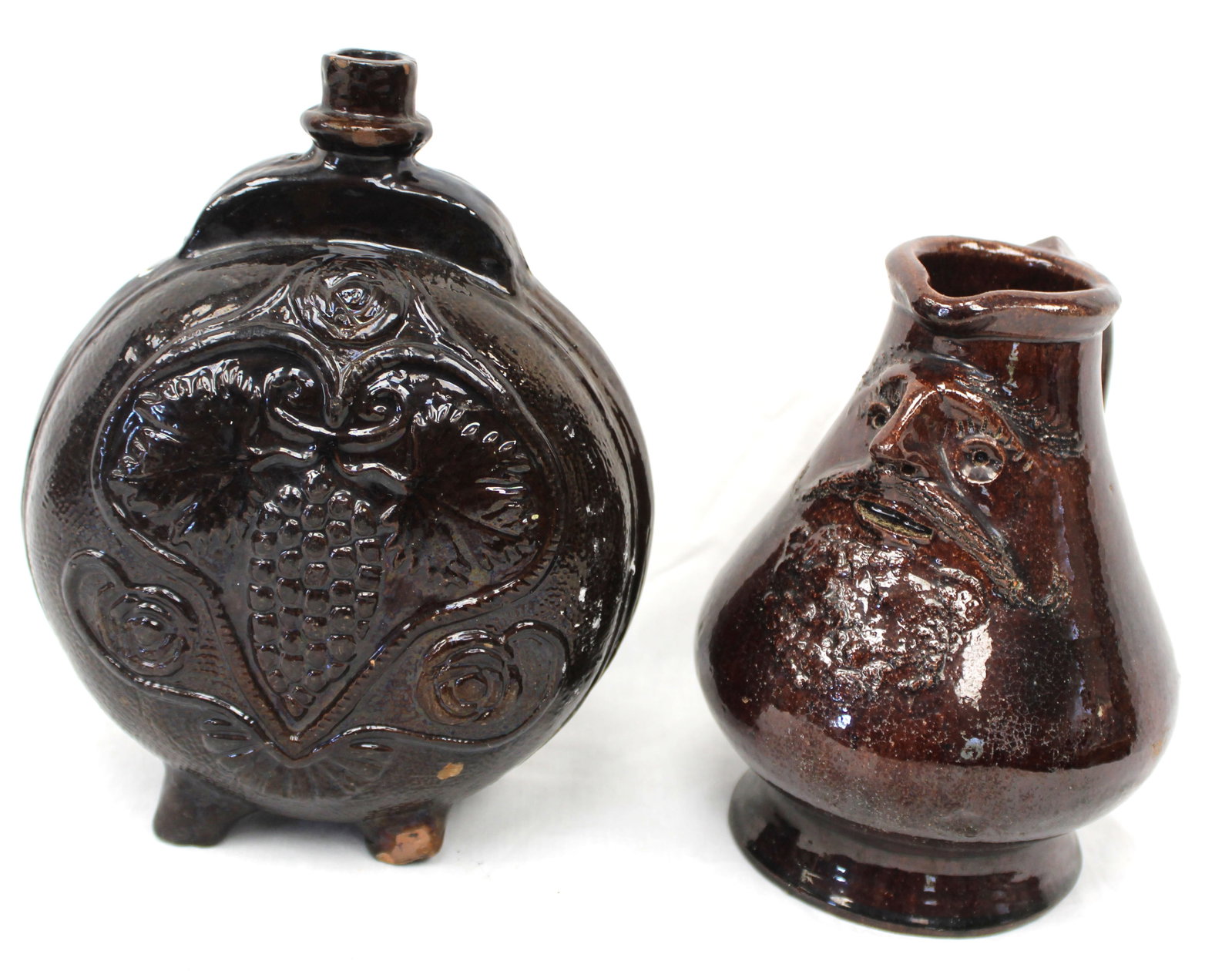 Lot of 2 antique earthenware figural pitchers & flask - 9" & 8" tall (1 of 10)