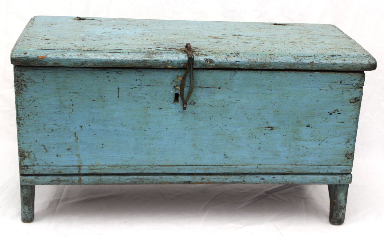18thC diminutive blanket chest in blue paint w half moon cut out sides - 13 1/2" tall x 24"x11" (1 of 10)
