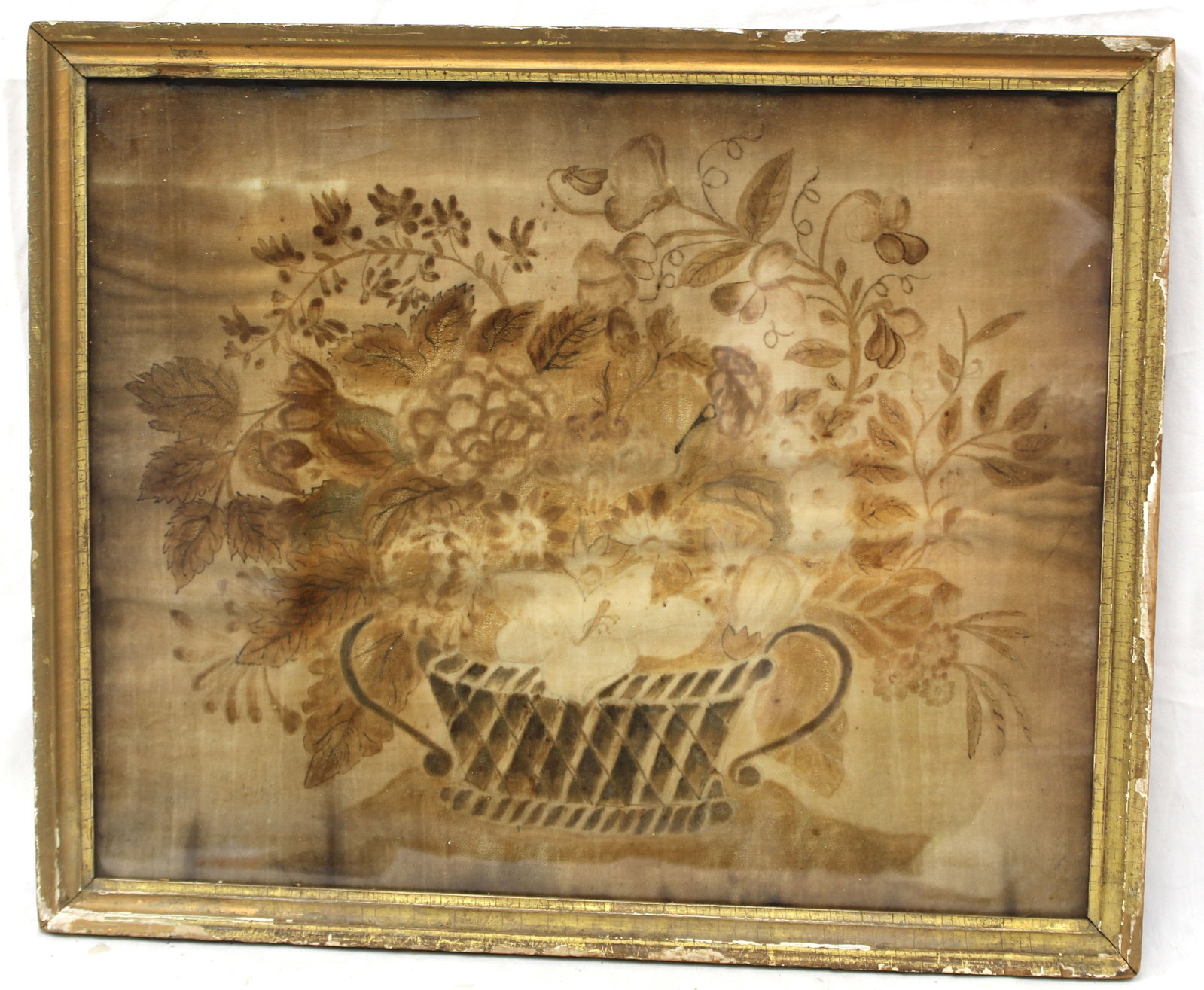 Antique theorem on velvet of a basket of flowers - overall framed size 18"x22" (1 of 5)