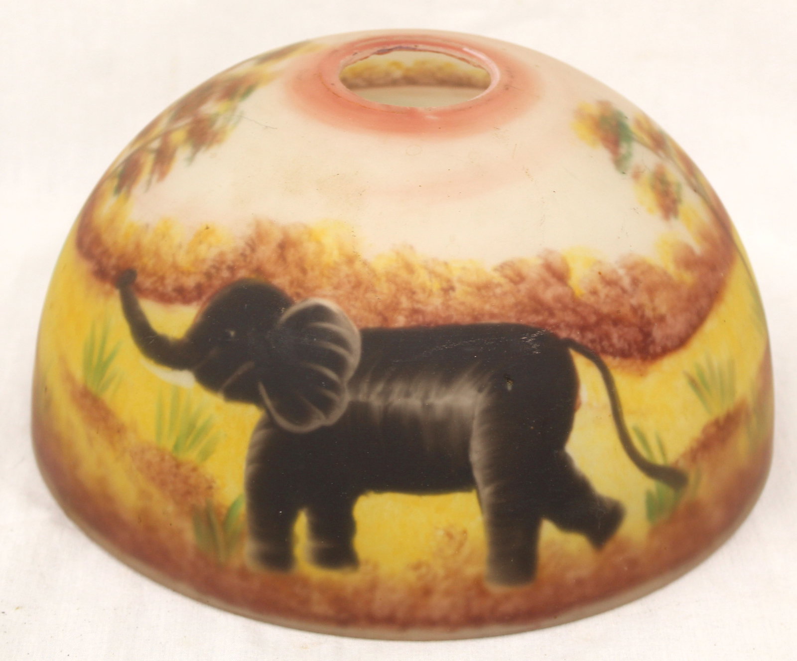 Antique obverse painted art glass nursery lamp shade w elephant motif - 4" tall x 8 1/2" diam: Antique obverse painted art glass nursery lamp shade w elephant motif - 4" tall x 8 1/2" diam