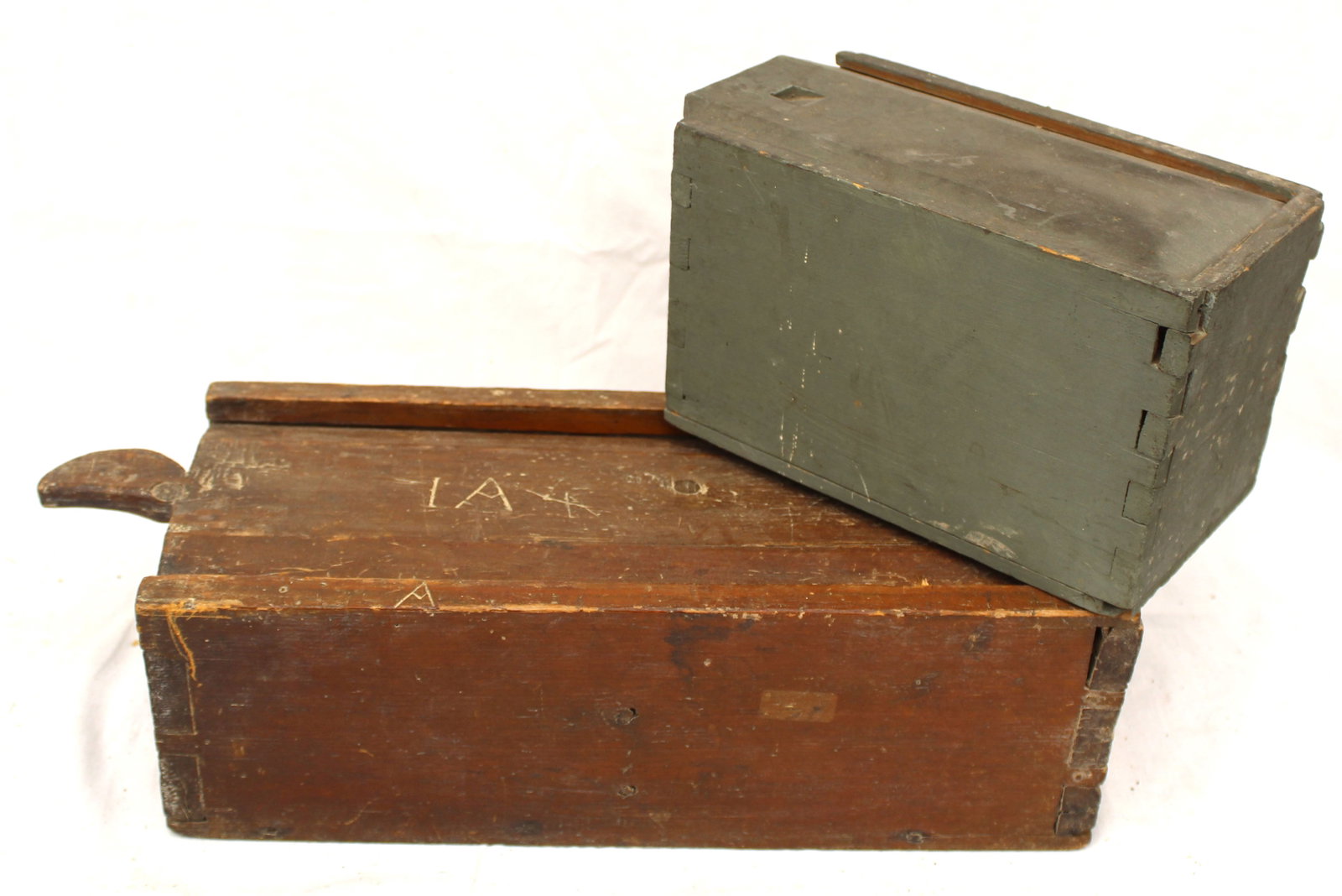 Lot of 2 antique wooden slide top boxes - one in green paint & the other w scratched dec - possibly (1 of 10)