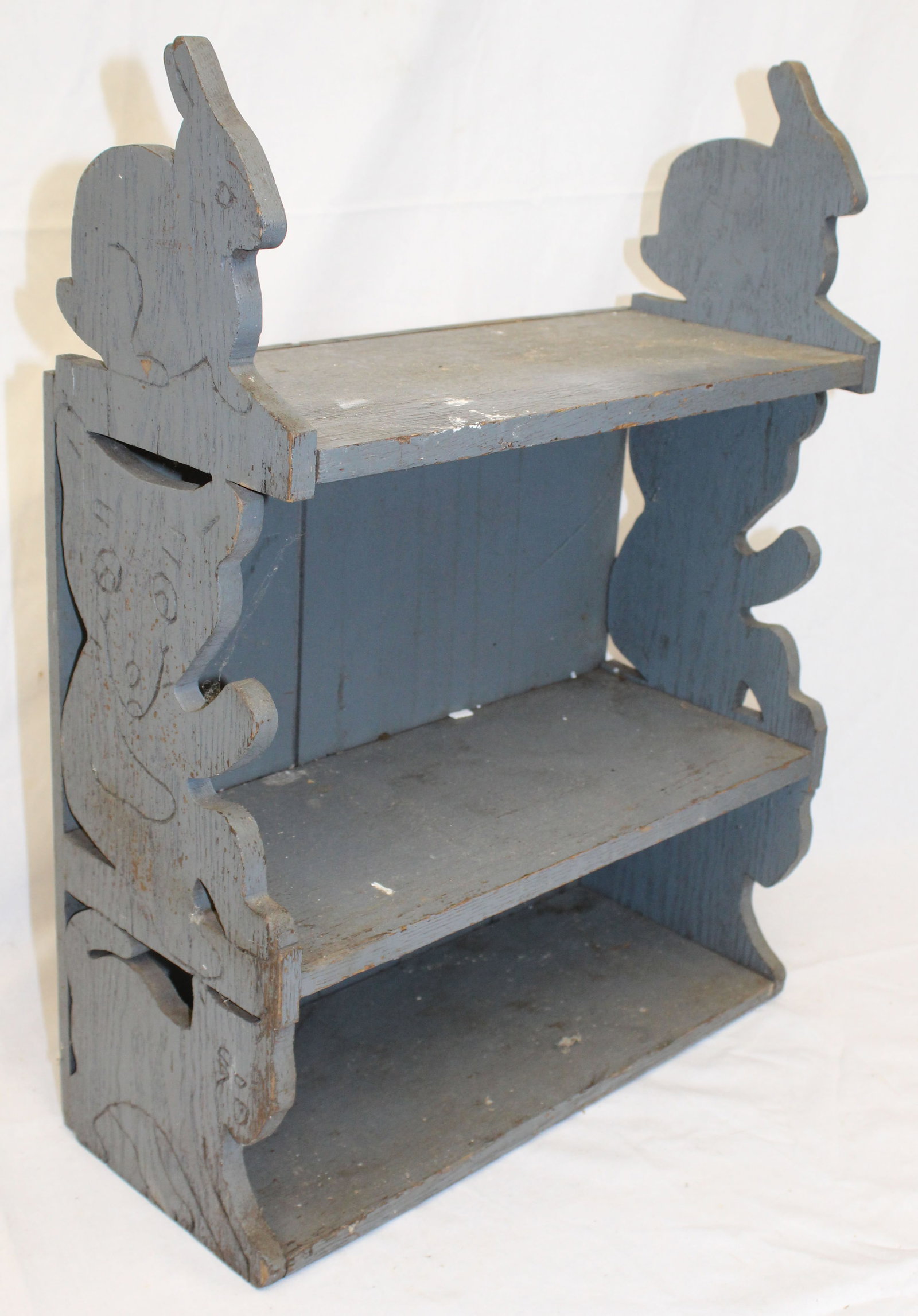Whimsical vintage wooden painted wall shelf w rabbit, bear & cat cut out carved sides in gray paint (1 of 6)