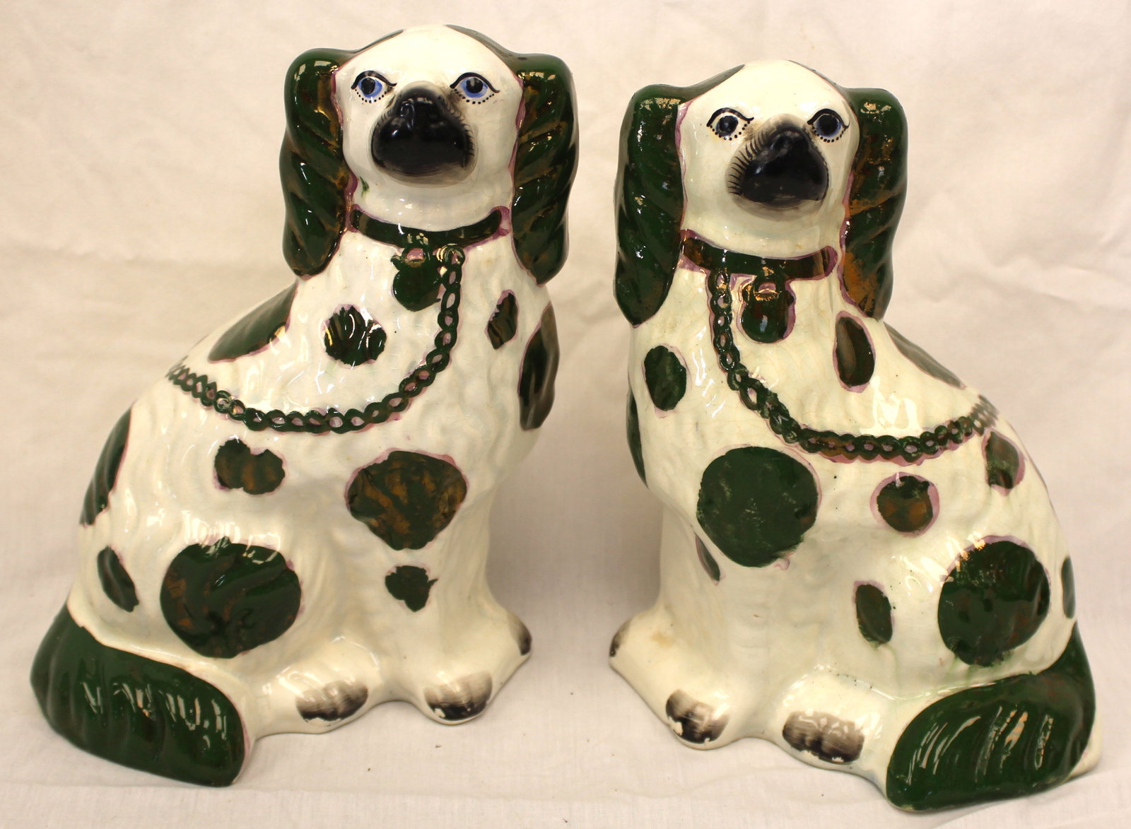 Pair of antique Staffordshire green & white Spaniels - 10" tall: Pair of antique Staffordshire green & white Spaniels - 10" tall