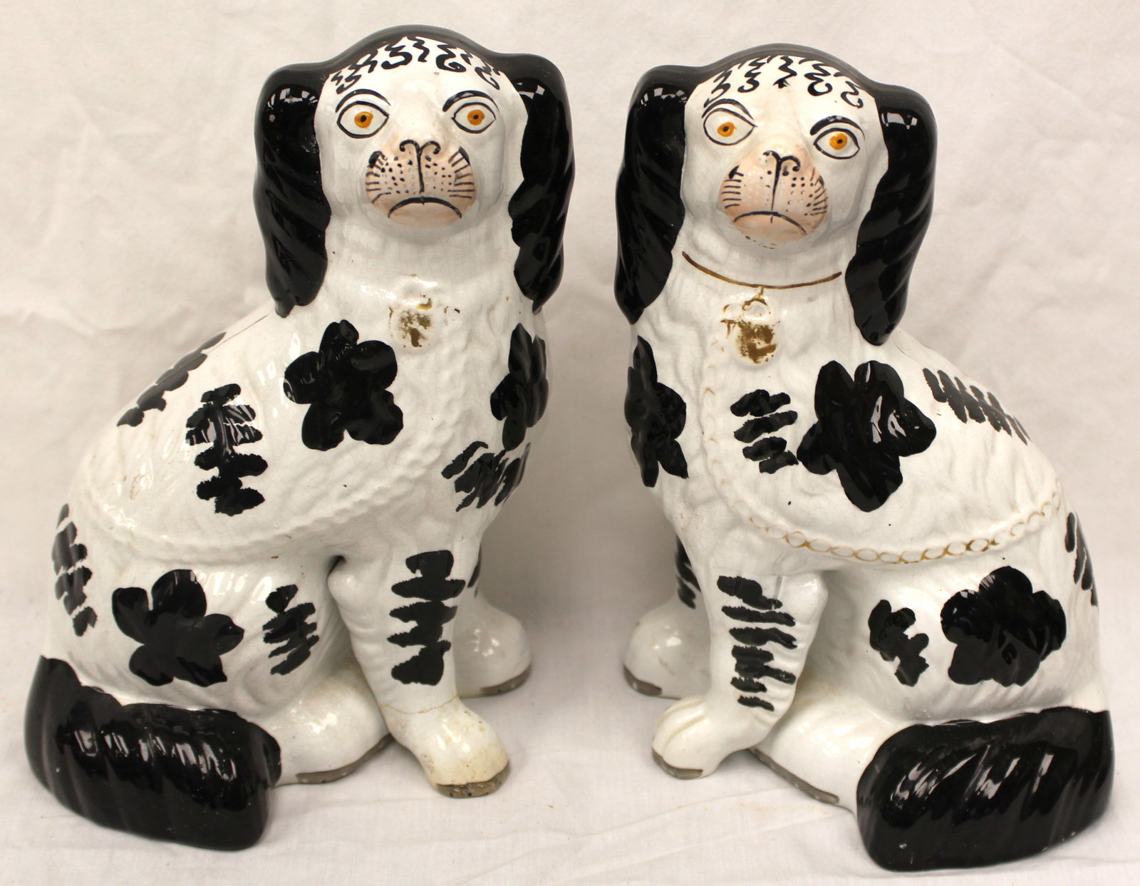 Pair of antique Staffordshire black & white Spaniels - 10" tall: Pair of antique Staffordshire black & white Spaniels - 10" tall