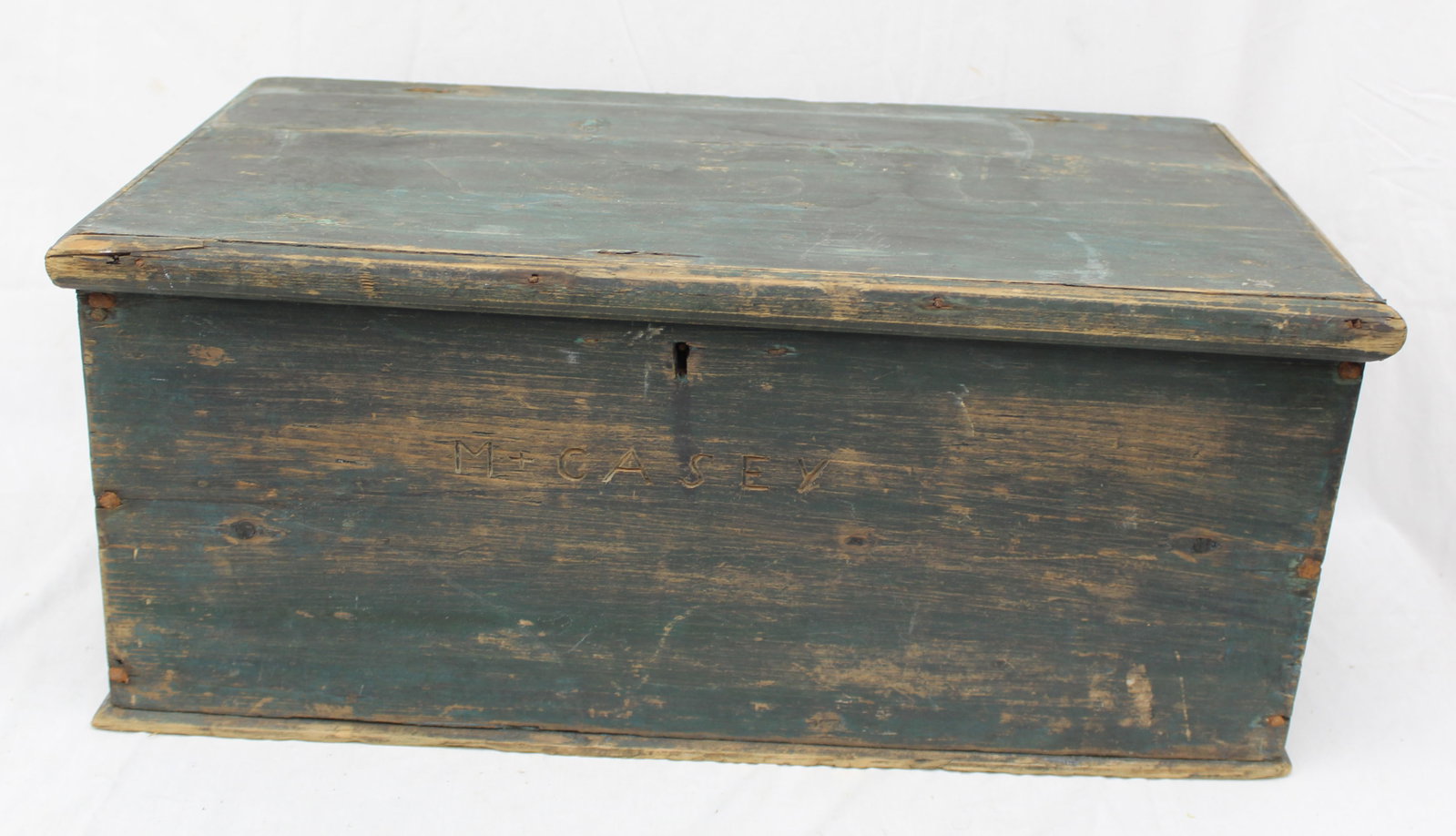 18thC wooden painted bible box in blue paint - 9 1/2" tall x 23 1/2"x15" (1 of 9)
