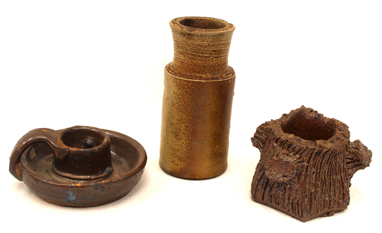 Lot of 3 antique stoneware items incl 2 inks & a candlestick - 1 1/2"-5": Lot of 3 antique stoneware items incl 2 inks & a candlestick - 1 1/2"-5"