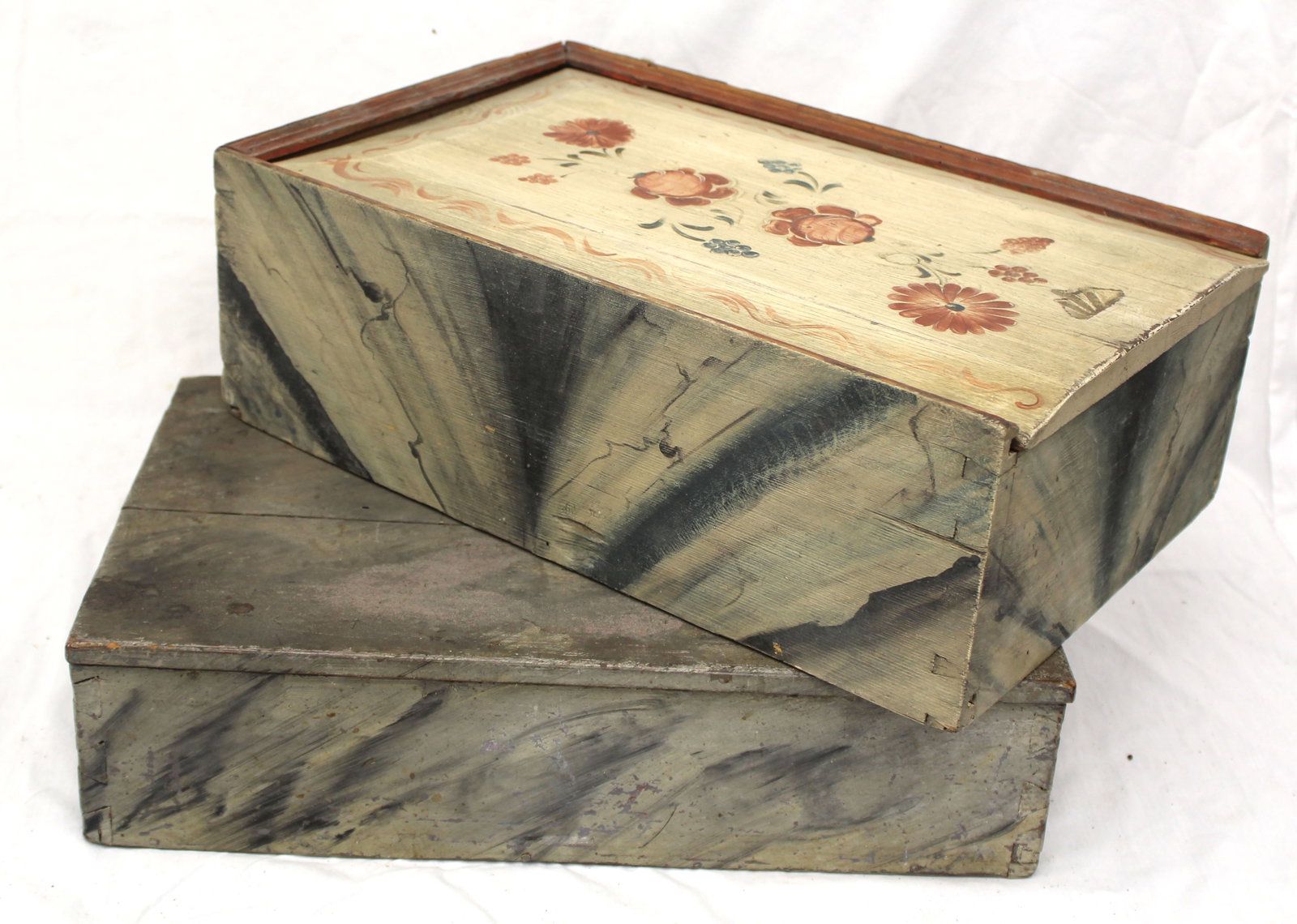 Lot of 2 antique smoke grain painted boxes incl slide top with floral painted top & a lift top - 4" (1 of 9)