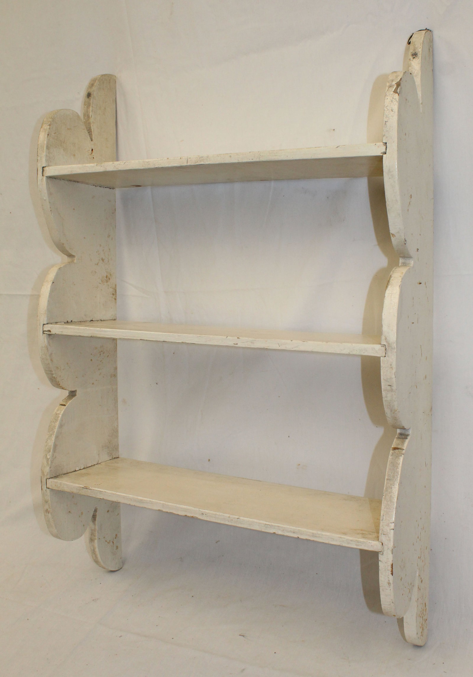 Antique wooden painted wall shelf w shaped sides in white paint - 30" tall x 20"x6 1/2" (1 of 5)