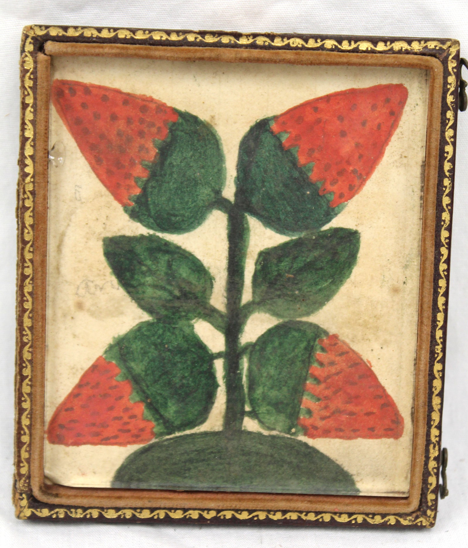 Folky antique miniature w/c of strawberries - overall framed size 3 3/4"x3 1/4" (1 of 6)