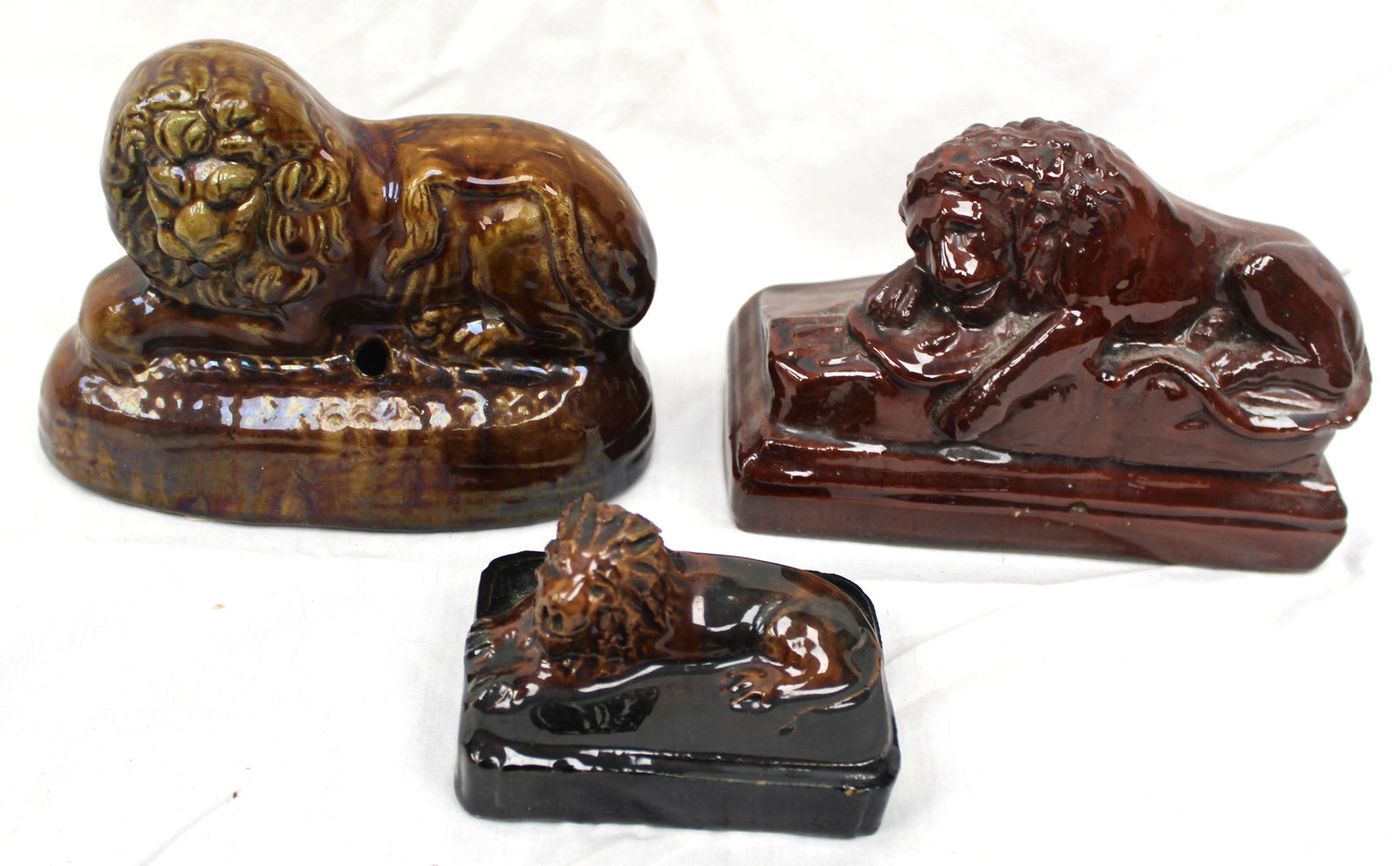 Lot of 3 antique Bennington lions - 2 1/2", 4 1/2" & 4 3/4" tall (1 of 9)