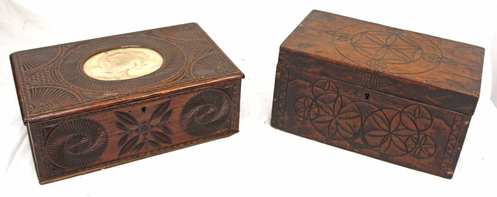 Lot of 2 antique carved wooden valuables boxes incl 1 w silk embroidered flower inset panel under (1 of 12)