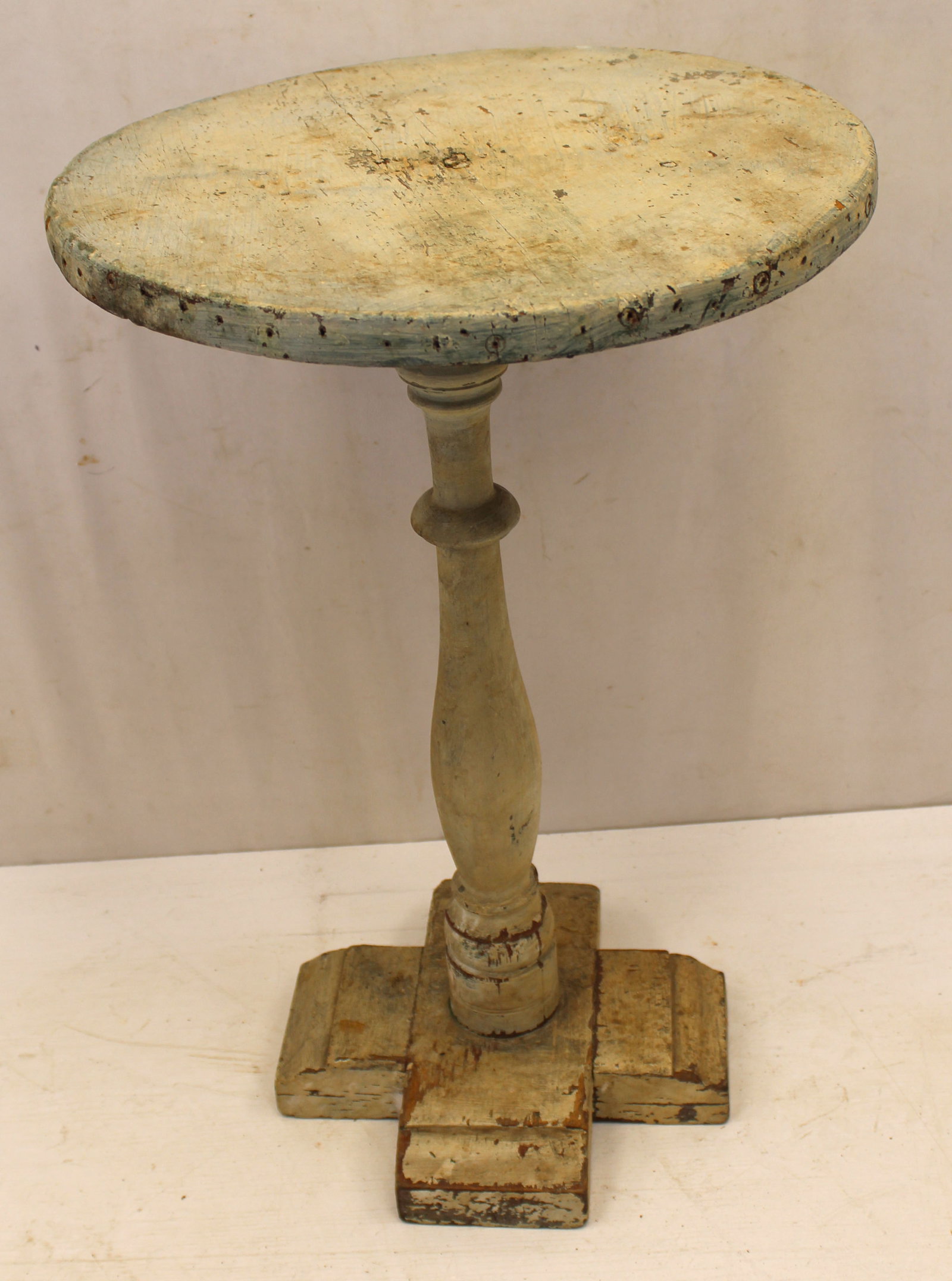 Antique round top candlestand on X base in oyster white paint - 26 " tall x 18" diam (1 of 6)