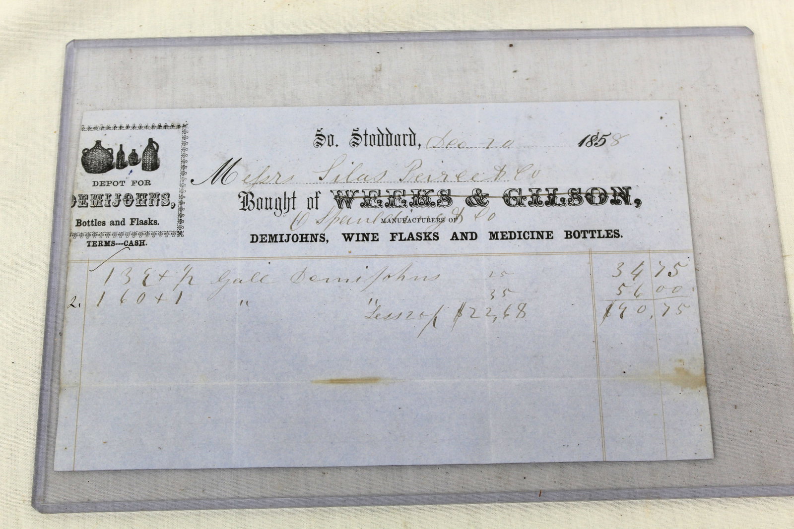Original receipt from Weeks & Gilson Stoddard, NH for demijohns - 4 3/4"x7 3/4" (1 of 5)