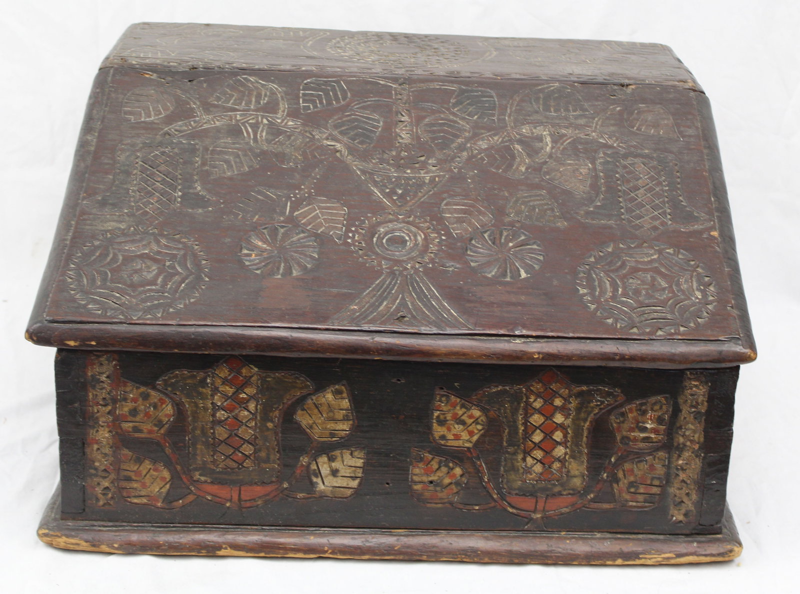18thC slant lid bible box w tulips, leaves, urn, compass carved & painted decoration - 13 1/2" tall (1 of 13)