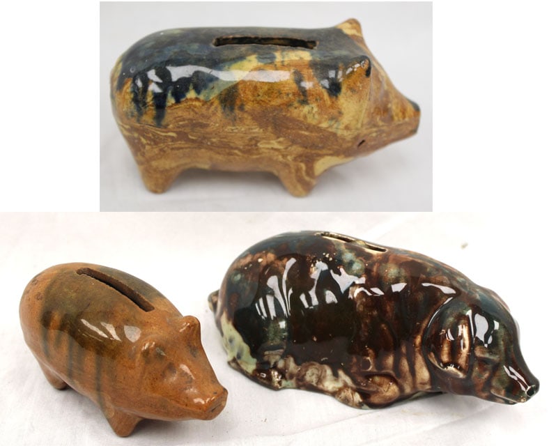 Lot of 3 earthenware figural pig banks - 5"-7" long (1 of 9)