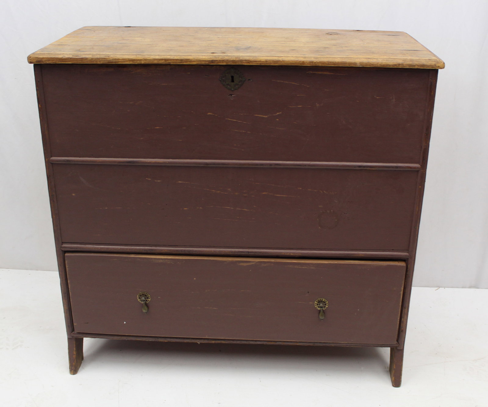 Antique 1 drawer blanket chest in red paint w half moon cut out sides - 34 1/2" tall x 36 1/2" wide (1 of 10)
