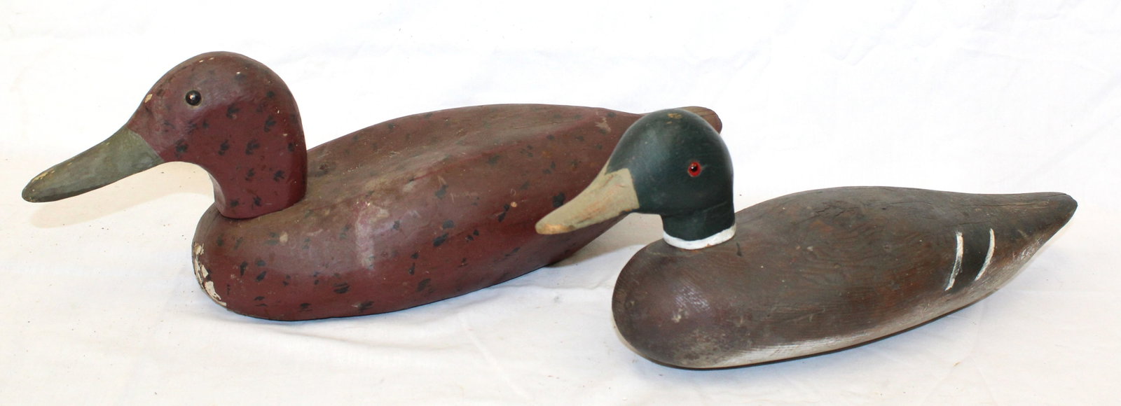 Lot of 2 antique wooden painted duck decoys - 7" tall x 18" long & 6 1/2" long x 17" long (1 of 8)