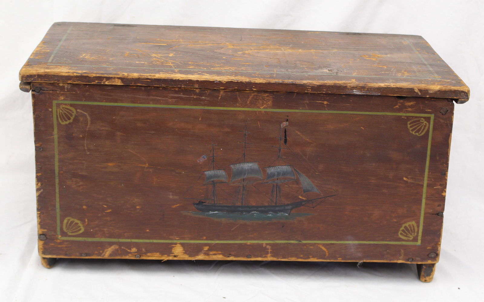 18thC wooden box in red paint w ship paint decoration on front, snipe hinges on shaped wooden feet -: 18thC wooden box in red paint w ship paint decoration on front, snipe hinges on shaped wooden feet - 12 1/2" tall x 25" wide x 12 1/4" deep
