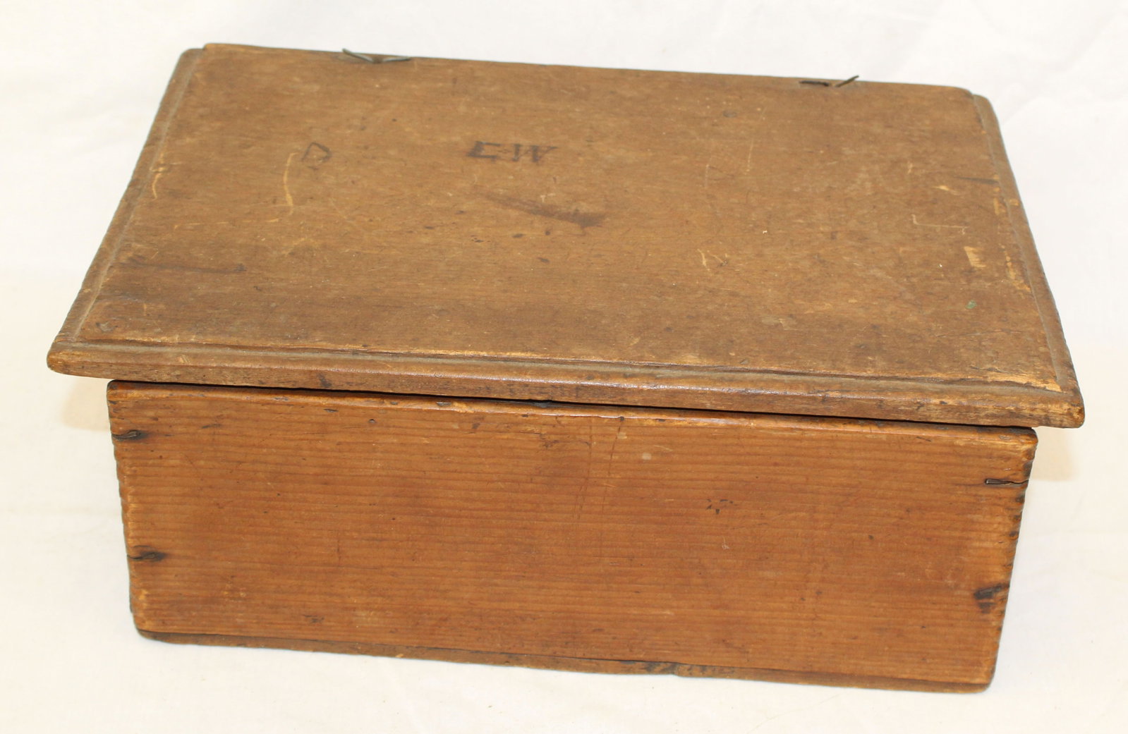 Antique wooden box w chip carved dec & branded initials EW on lid - 5 1/2" tall x 13"x9 1/4" (1 of 6)