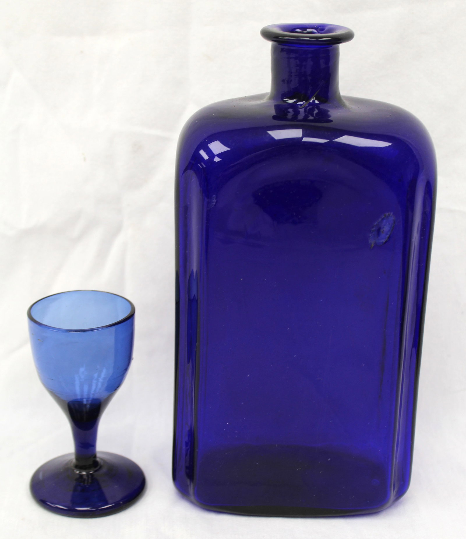 Lot of 2 early cobalt glass items incl bottle & sherry - 8 1/2" & 3 1/2" tall (1 of 10)
