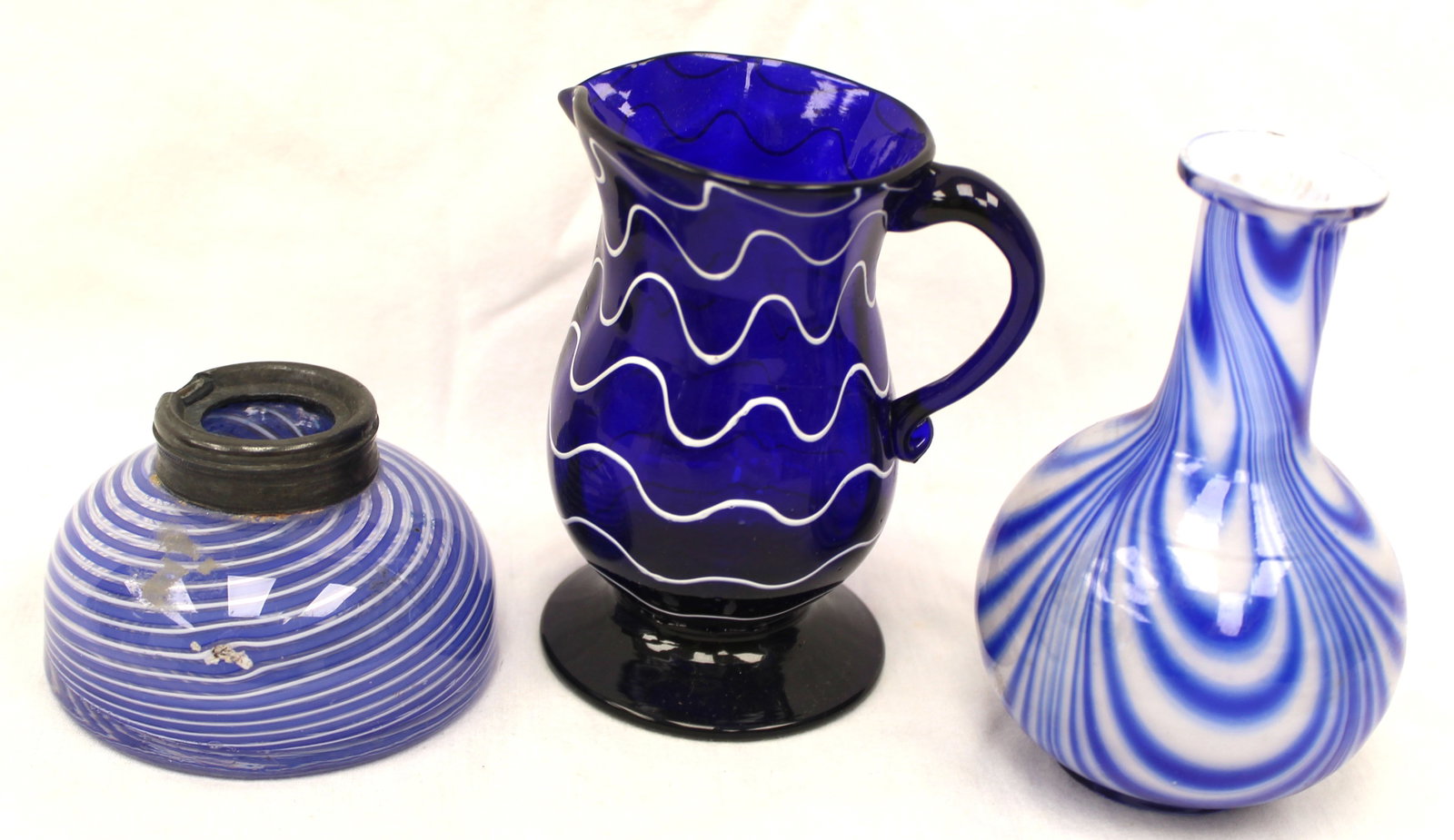 Lot of 3 early cobalt & white swirled glass incl ink, pitcher & bud vase - 2", 4" & 4 1/2" tall (1 of 11)