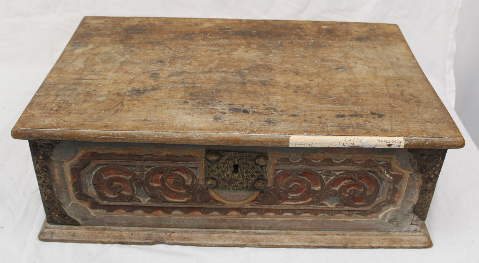 17th/18thC wooden carved paint decorated bible box w iron handles & brass decorated corners - 8 1/2" (1 of 12)