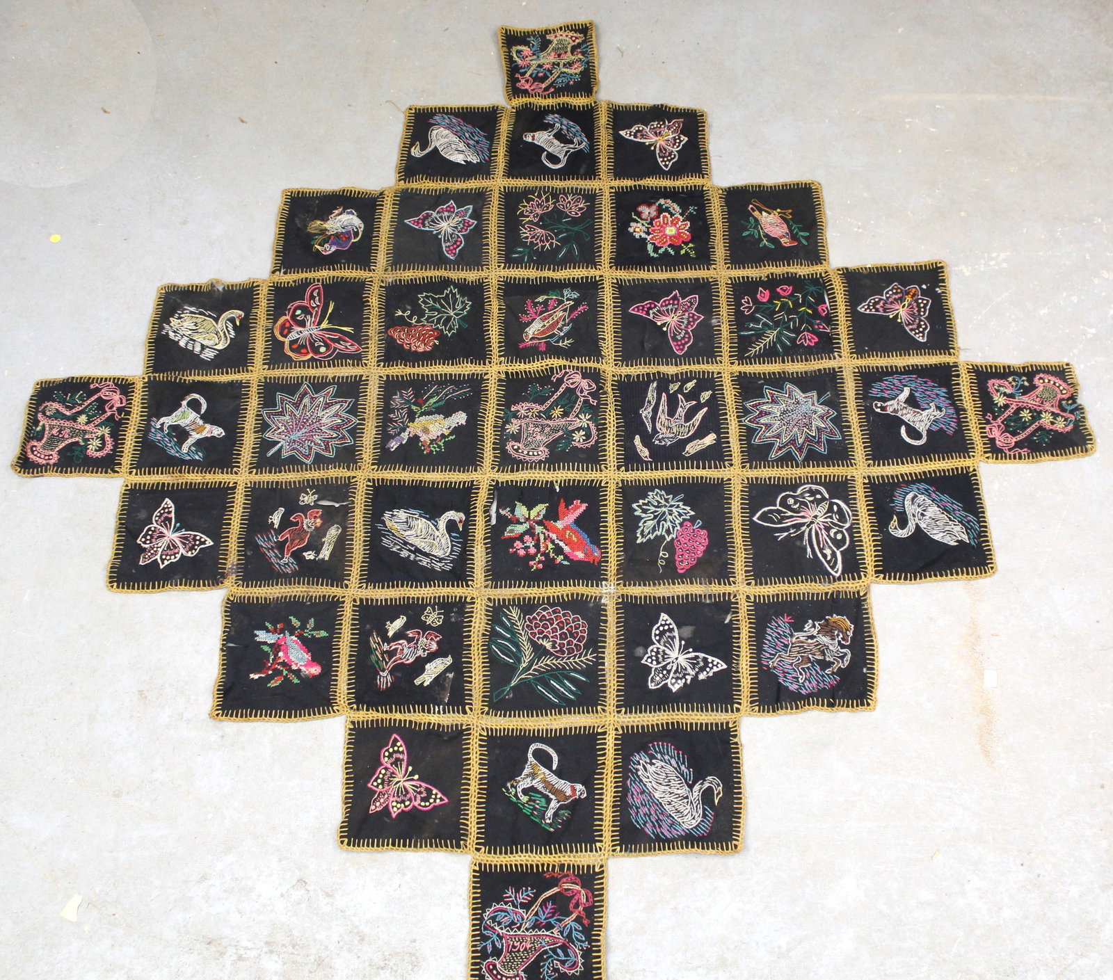 Antique embroidered textile w butterflies, birds, flowers, etc motif - 75"x75" (1 of 8)