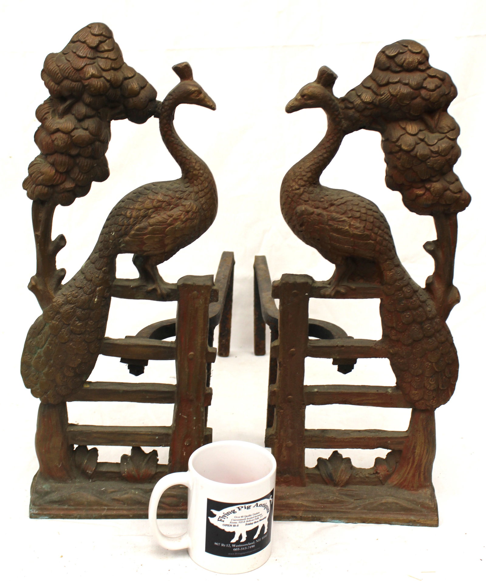 Pair of cast iron andirons w peacocks on fence motif - 19 1/2" tall x 16" deep (1 of 8)