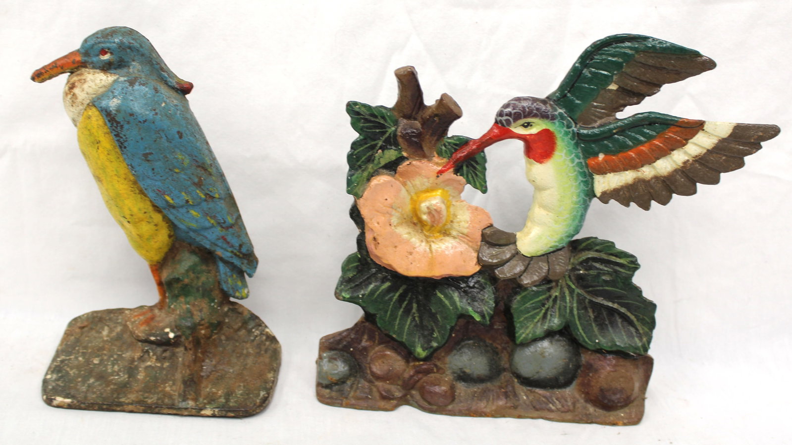 Lot of 2 cast iron painted bird doorstops - 8" tall & 8 1/2" tall (1 of 5)