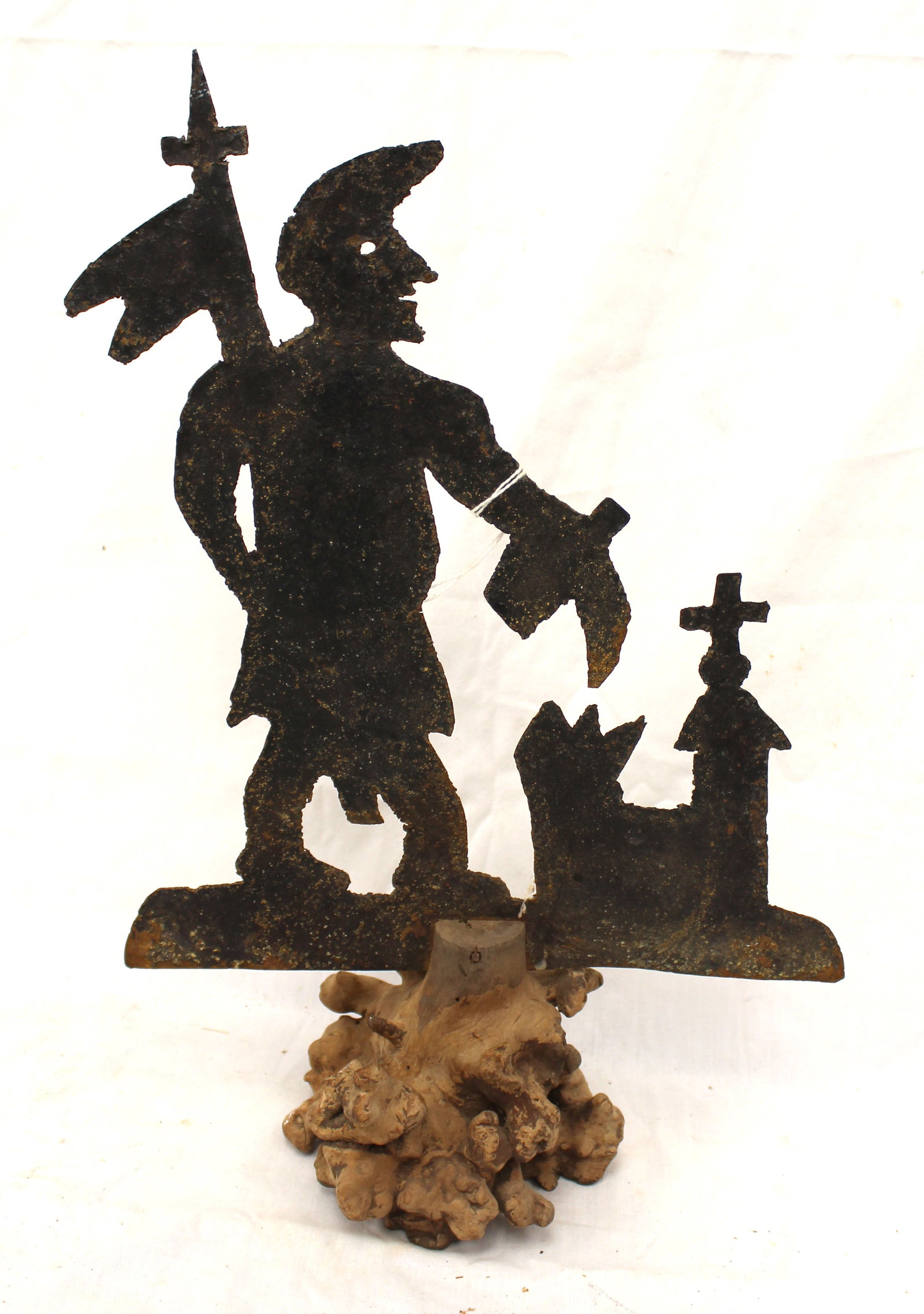 Sheet iron figural weathervane - Crusader holding flag mounted on stump - 16 1/2" tall (1 of 7)