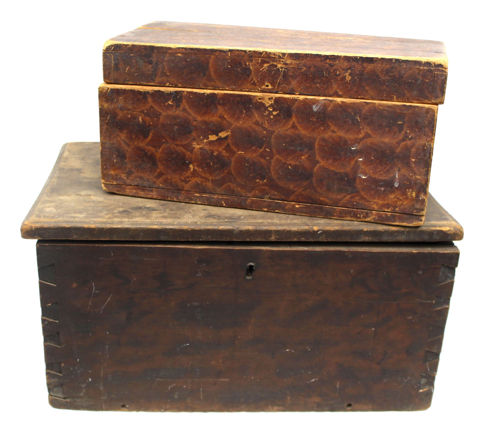 Lot of 2 antique wooden paint decorated storage/valuables boxes - 7 1/2" tall x 15"x 7 1/2" & 10" (1 of 8)