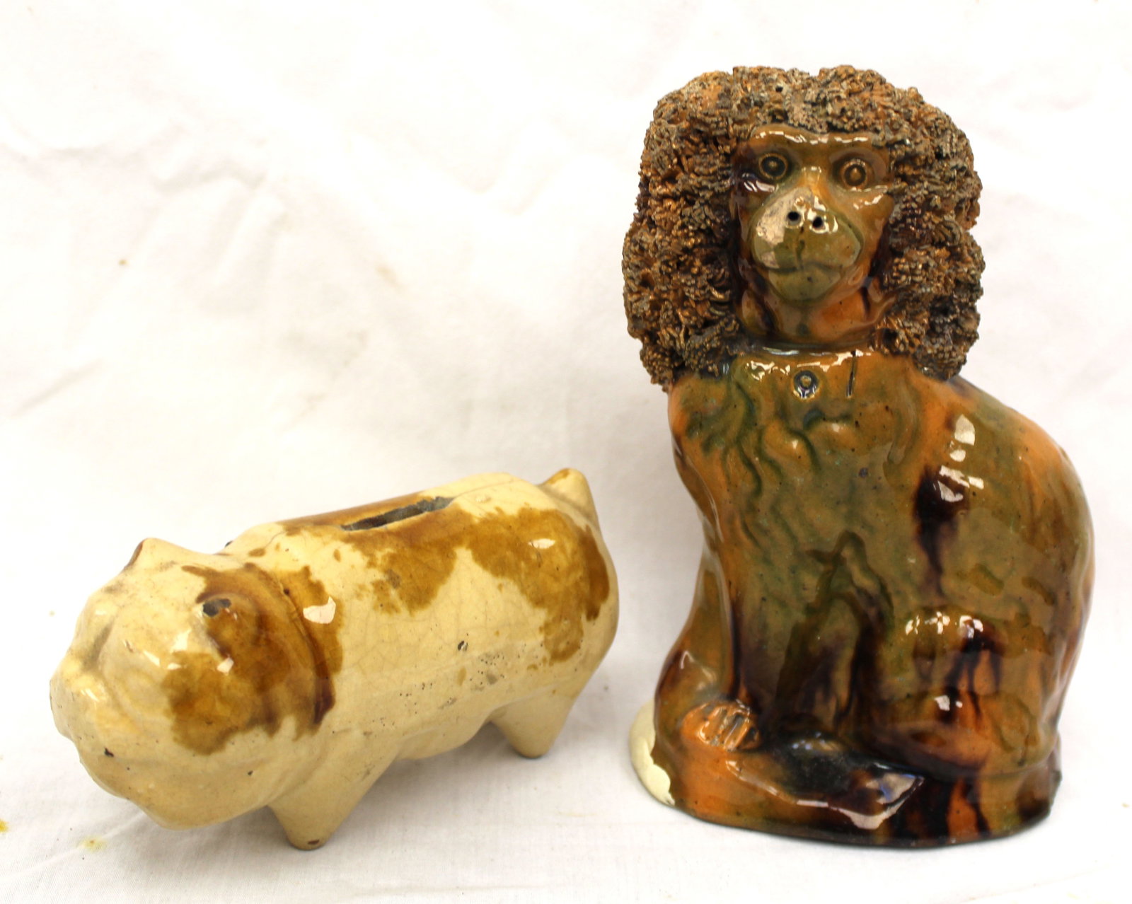 Lot of 2 antique earthenware figural dog banks - 3" & 7" tall (1 of 9)