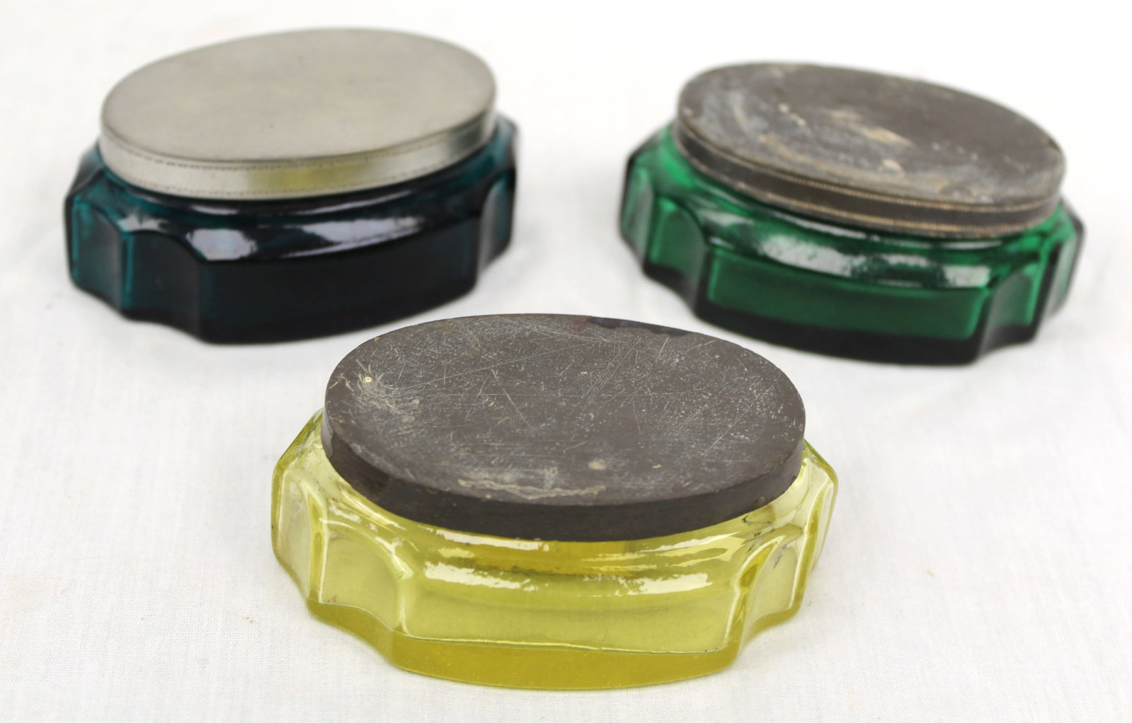 Lot of 3 early green & vaseline glass dentifrice boxes - approx 1 1/2"x3 1/2" (1 of 6)
