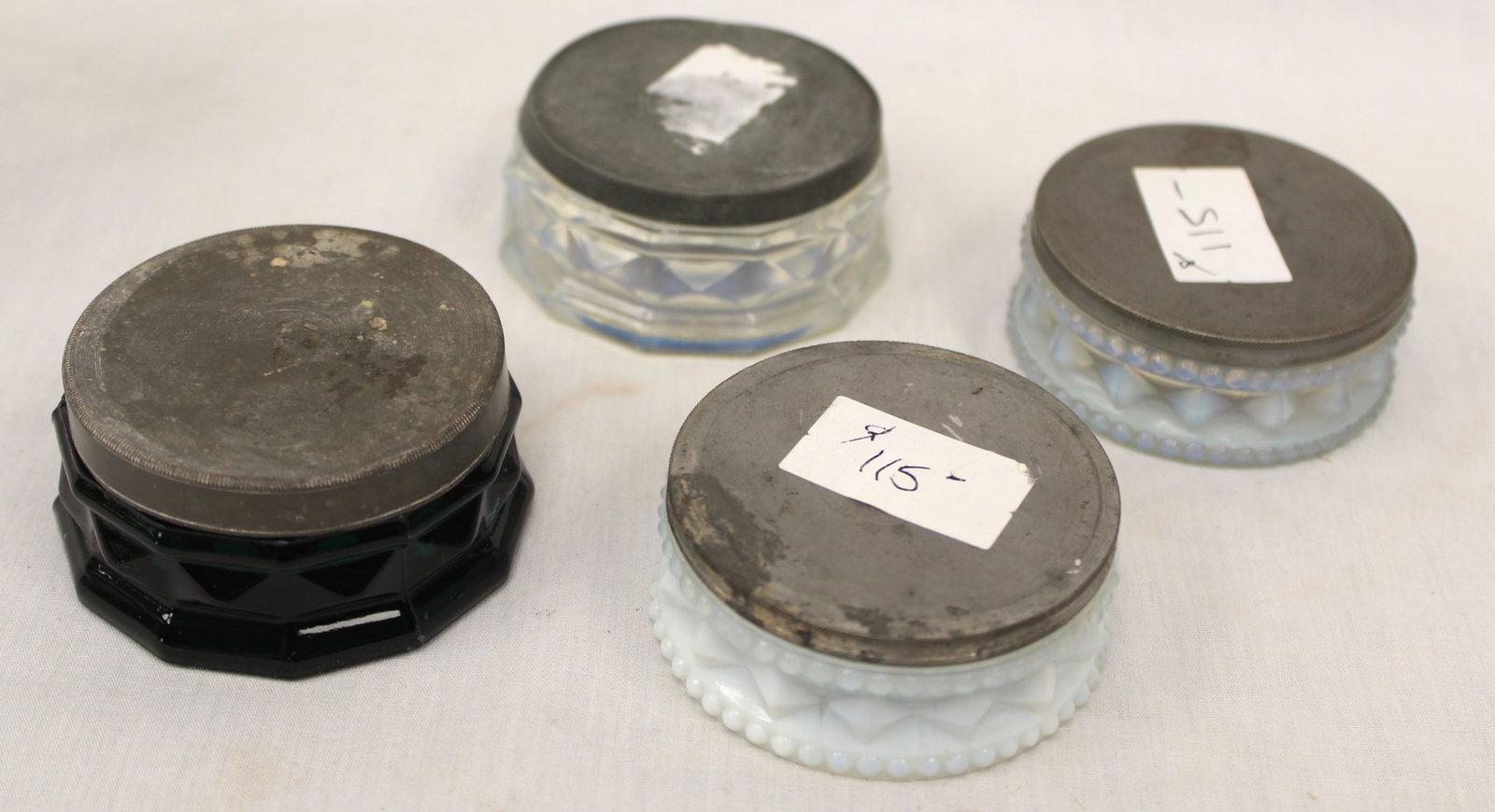 Lot of 4 early opalescent glass dentifrice boxes - approx 1 1/4"x2 1/2": Lot of 4 early opalescent glass dentifrice boxes - approx 1 1/4"x2 1/2"