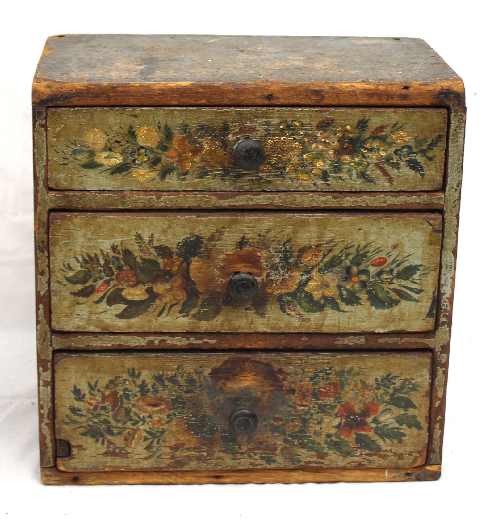 Antique wooden paint decorated 3 drawer diminutive chest w floral painted drawer fronts - 13 1/2" (1 of 9)