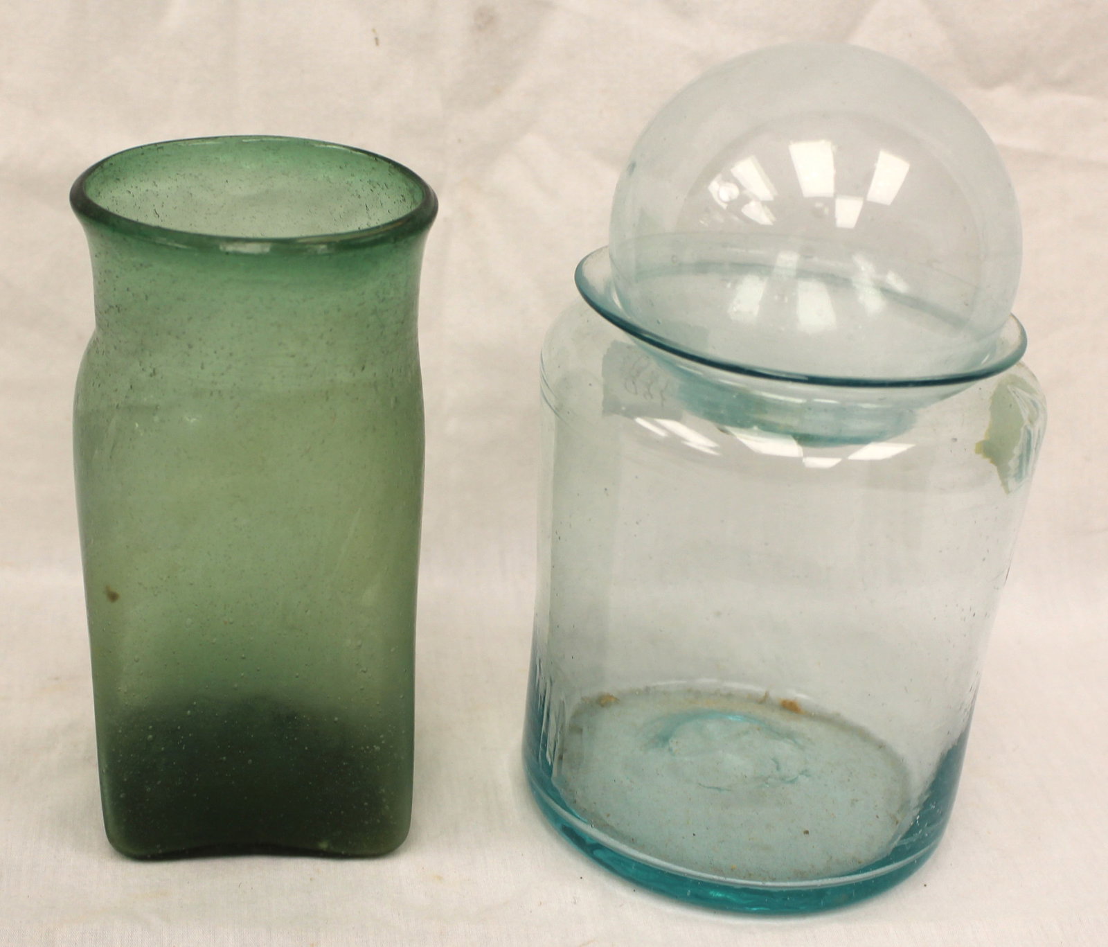 Lot of 2 early aqua/green glass jars plus an early aqua glass witch's ball - 5 1/2" & 4 1/2" tall & (1 of 10)
