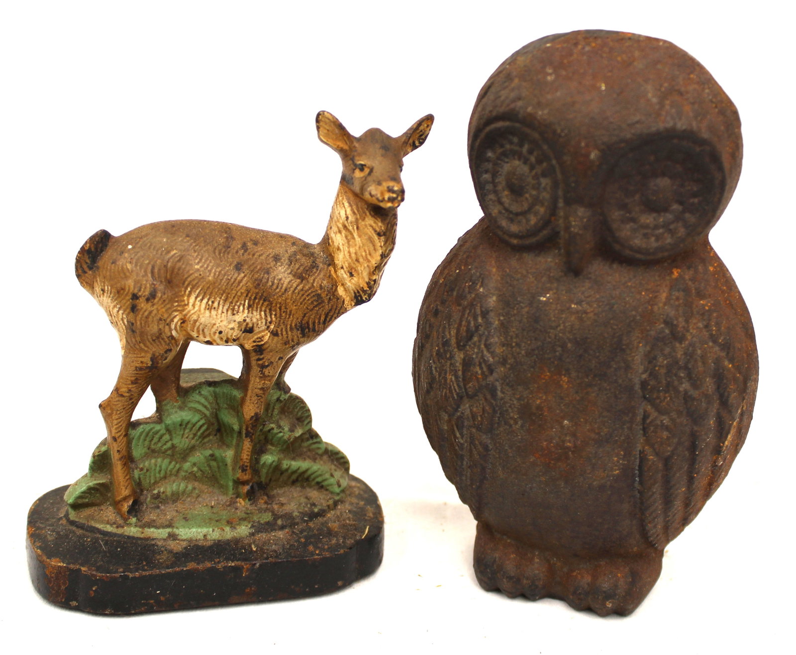 Lot of 2 antique figural cast iron doorstops incl owl & painted deer - 7" & 6" tall (1 of 6)