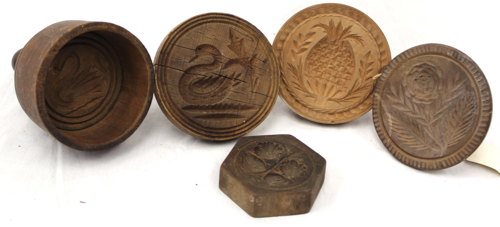 Lot of 5 antique carved wooden butter stamps - 3"-4" diam (1 of 7)
