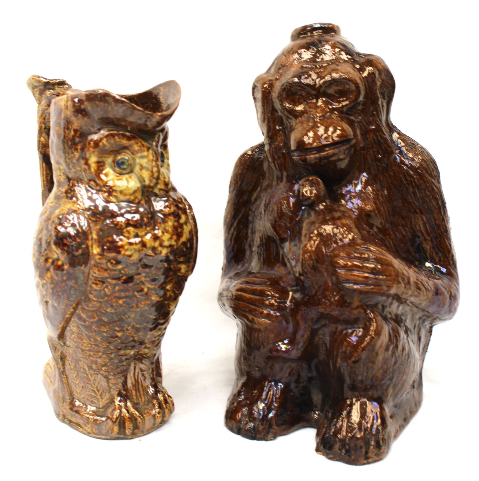 Lot of 2 antique figural Bennington pitchers - owl & monkey - 10" & 12" tall (1 of 8)