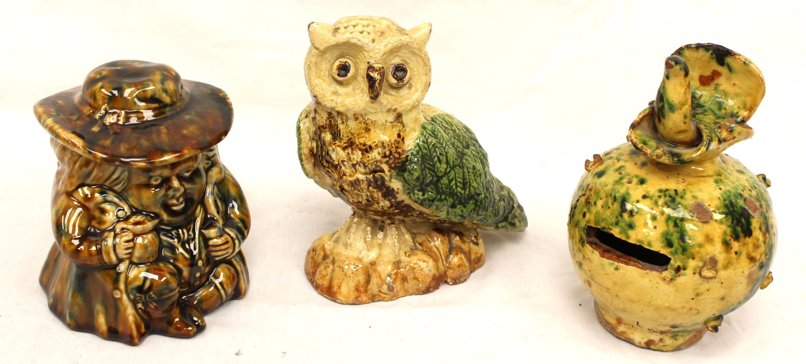Lot of 3 antique figural earthenware banks - owl, man & bird - 4 1/2"-5 1/2" tall (1 of 8)