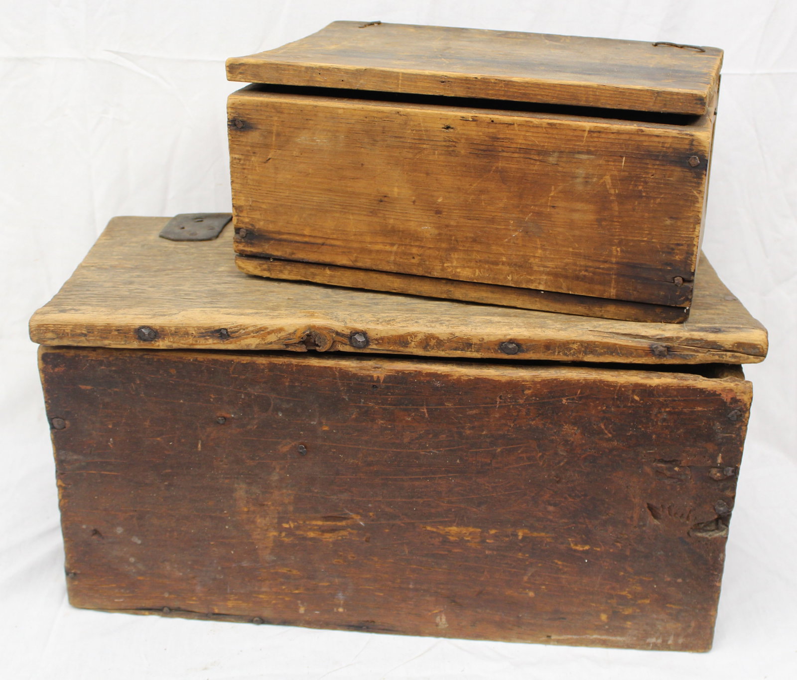 Lot of 2 late 18th/early 19thC wooden storage boxes - larger is in red wash and has large rose head (1 of 10)