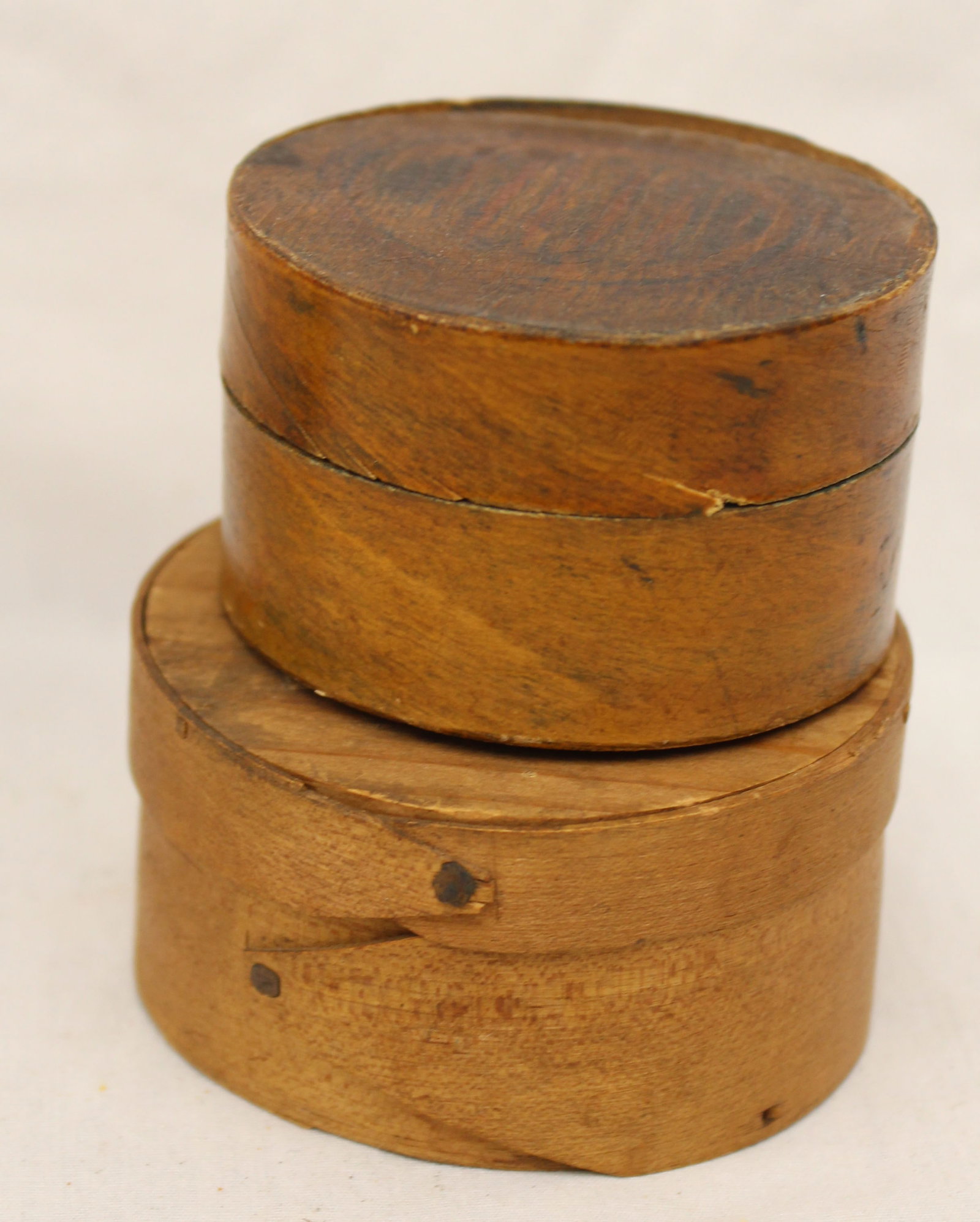 Lot of 2 antique miniature pantry seed boxes -1 w paper label "Bracted Poppy" - 1 1/2"x2 1/2" diam & (1 of 6)