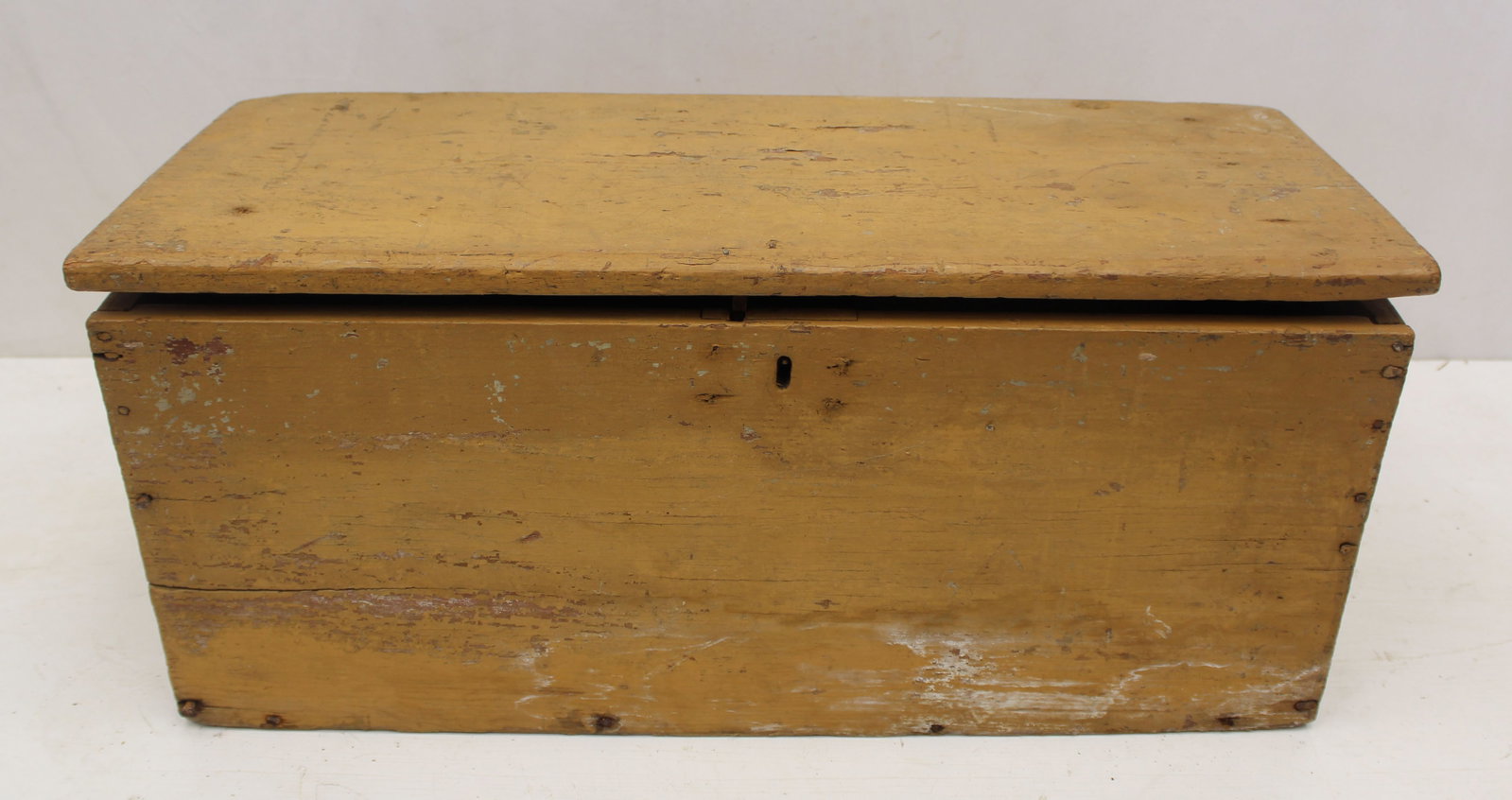 Antique wooden painted storage box in mustard over red paint - 13" tall x 30 1/2" wide x 13" deep (1 of 5)