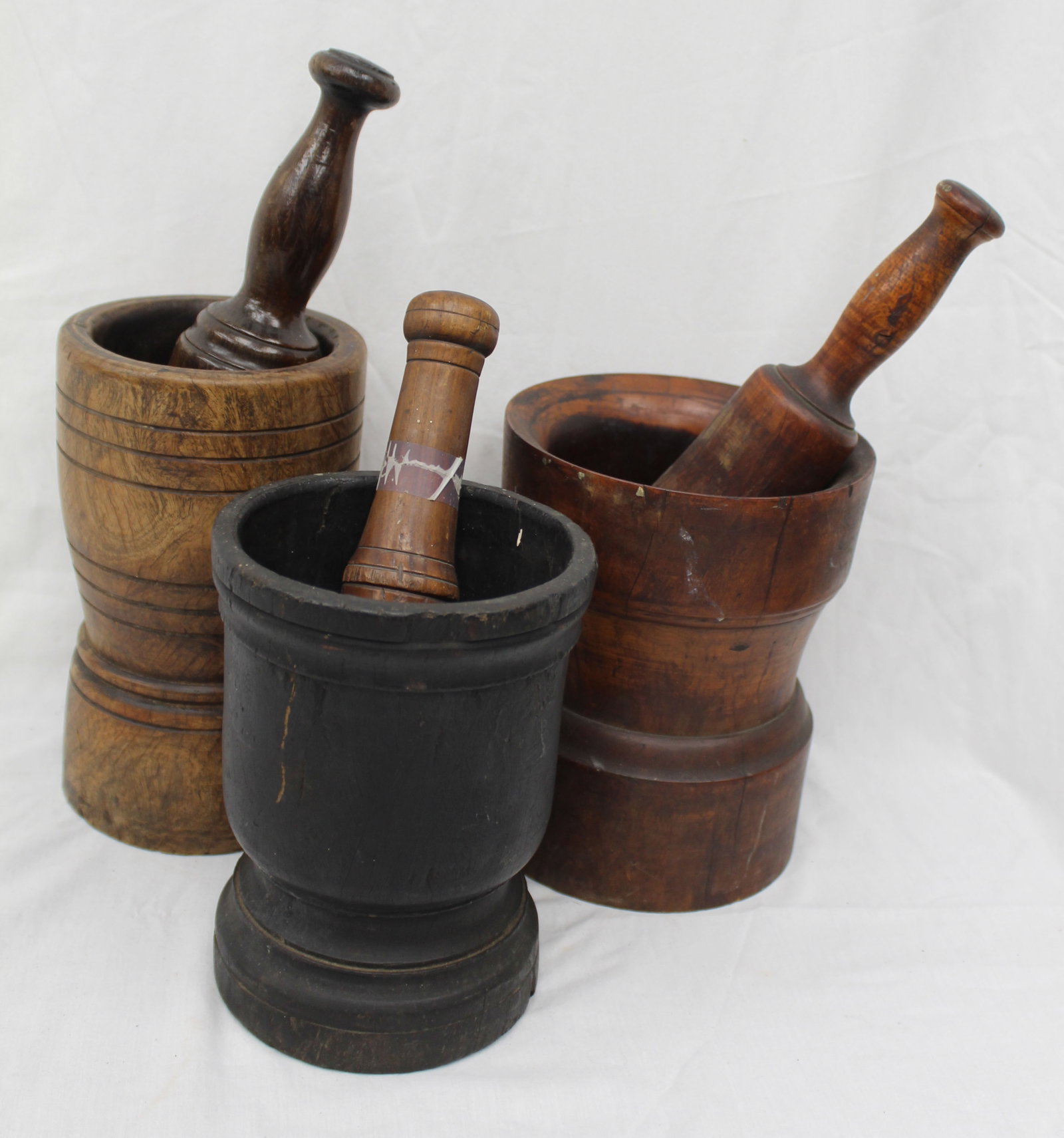 Lot of 3 antique carved wooden mortar & pestles 7" tall x 5" diam - 9" tall x 5" diam (1 of 7)