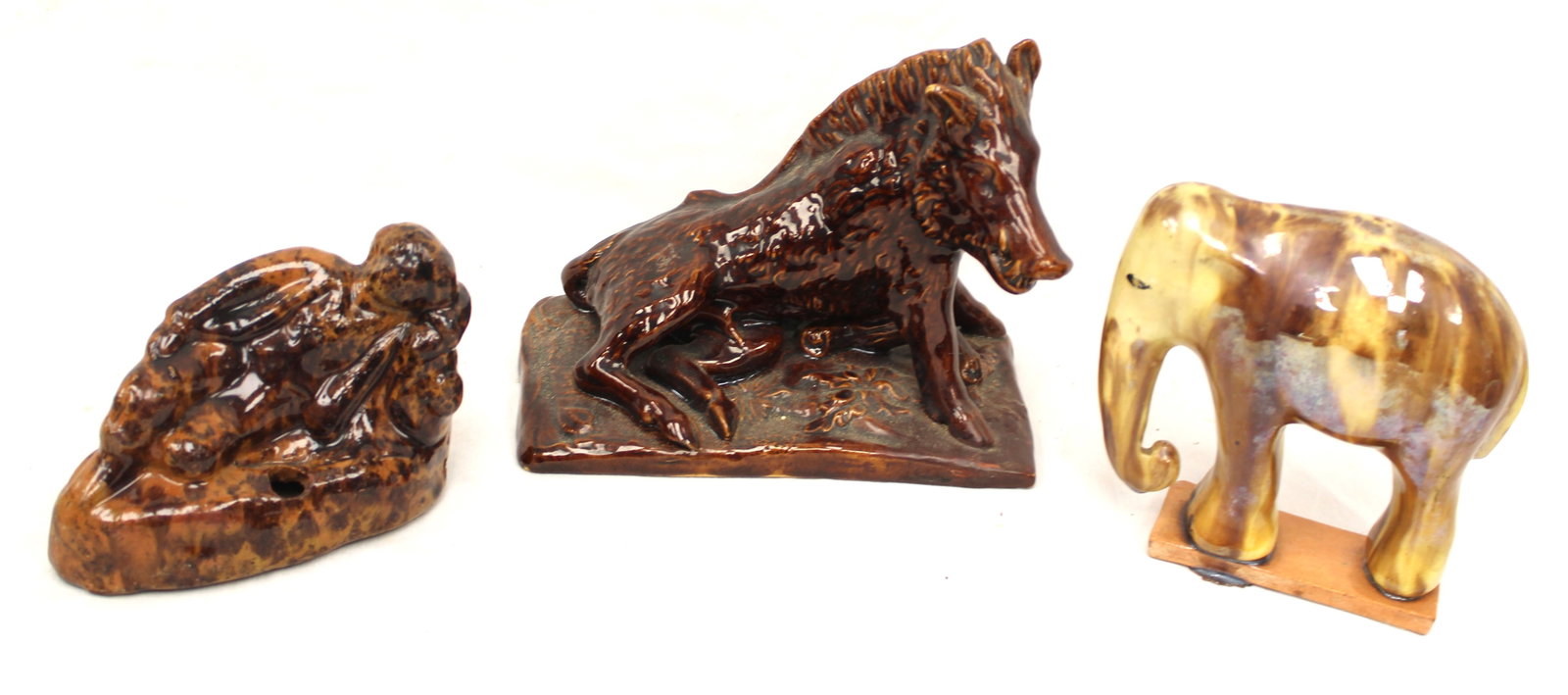 Lot of 3 antique earthenware figures incl boar, elephant & reclining man - 5 1/2", 5" & 3 1/2" (1 of 10)